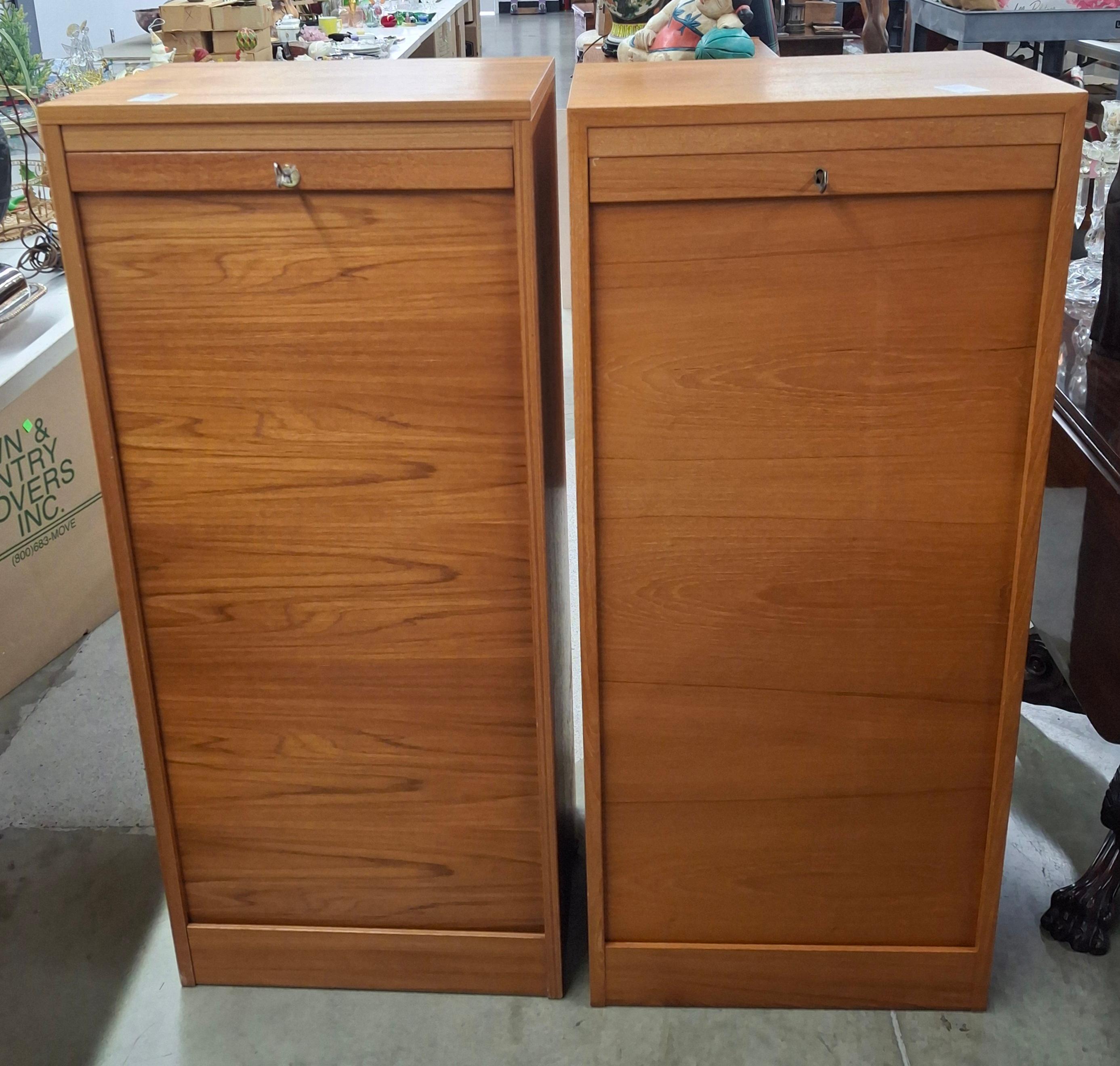Scandinavian Modern Pair Danish Mid-Century Modern Teak Tambour Fall Front Open Drawers File Cabinet For Sale