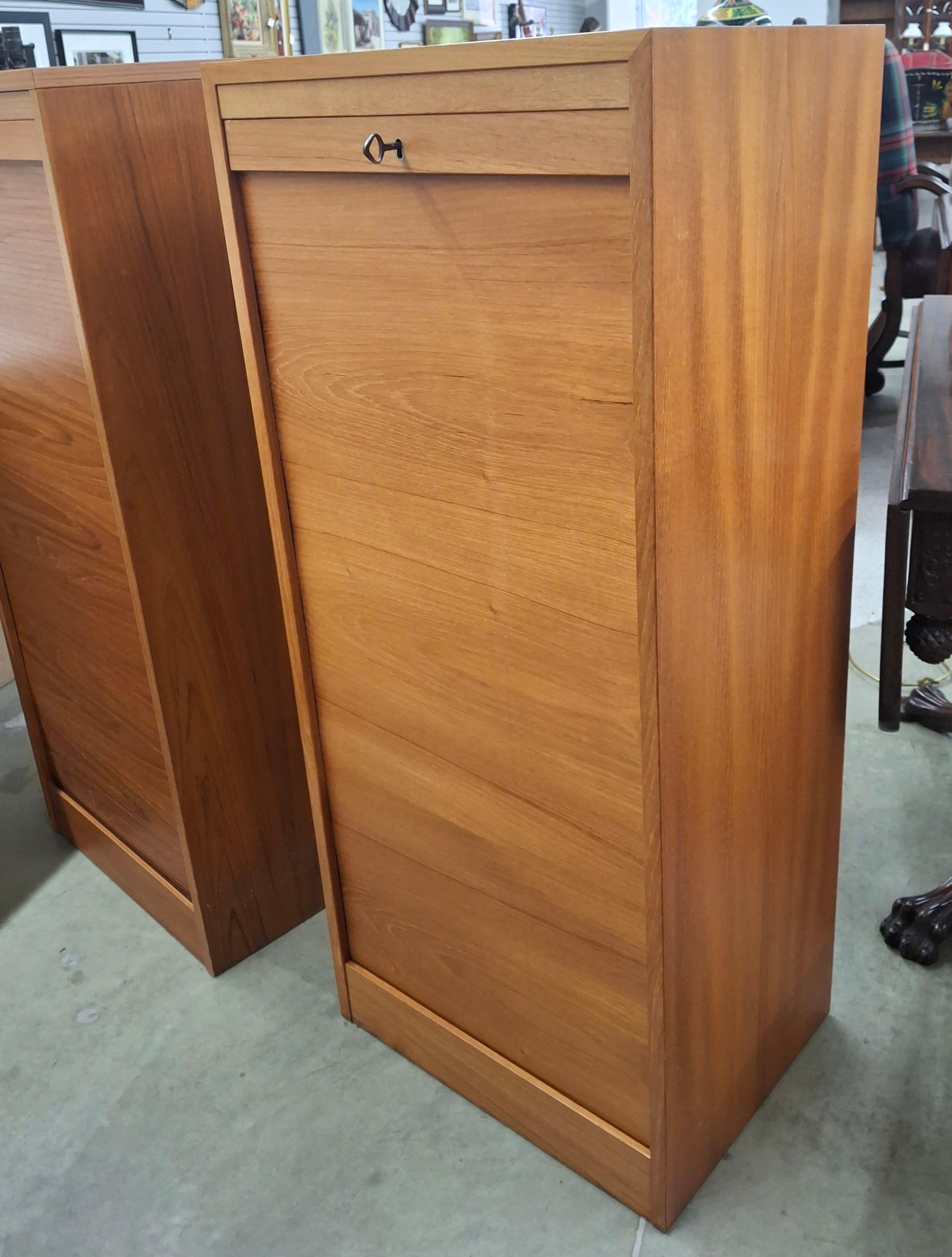 American Pair Danish Mid-Century Modern Teak Tambour Fall Front Open Drawers File Cabinet For Sale