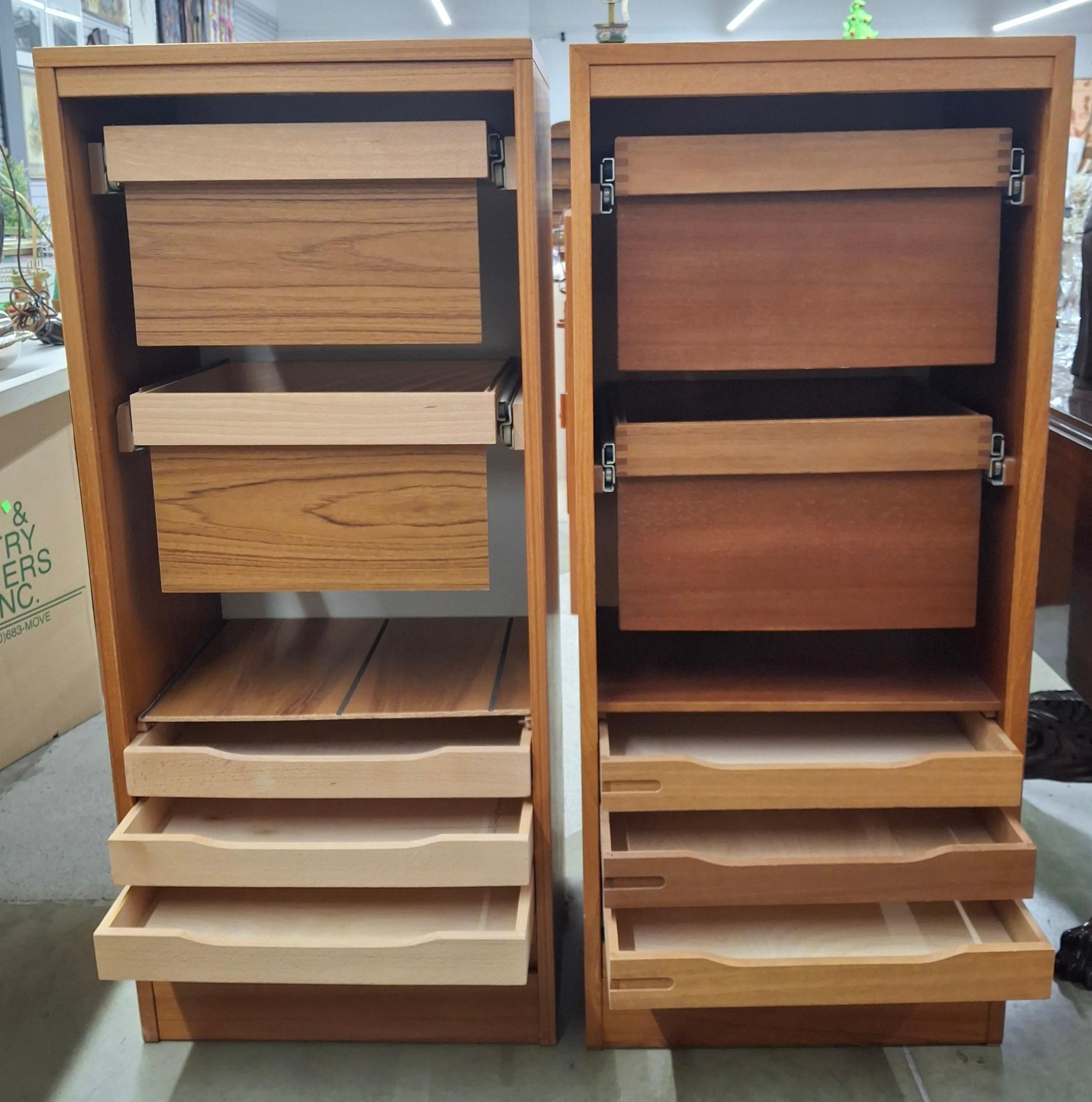 Veneer Pair Danish Mid-Century Modern Teak Tambour Fall Front Open Drawers File Cabinet For Sale