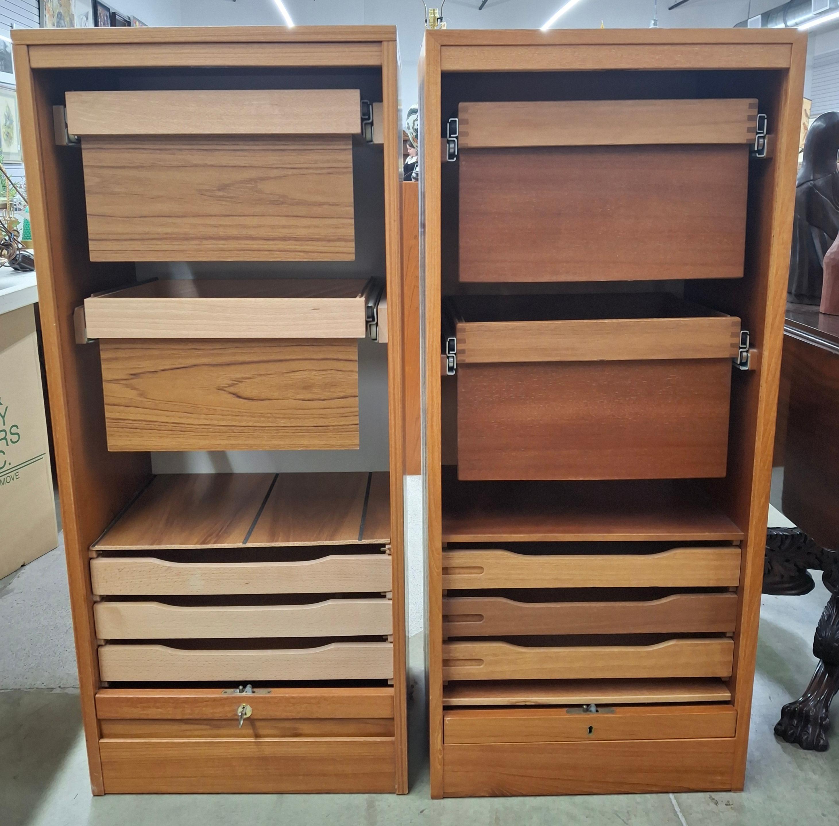 Pair Danish Mid-Century Modern Teak Tambour Fall Front Open Drawers File Cabinet In Good Condition For Sale In Germantown, MD