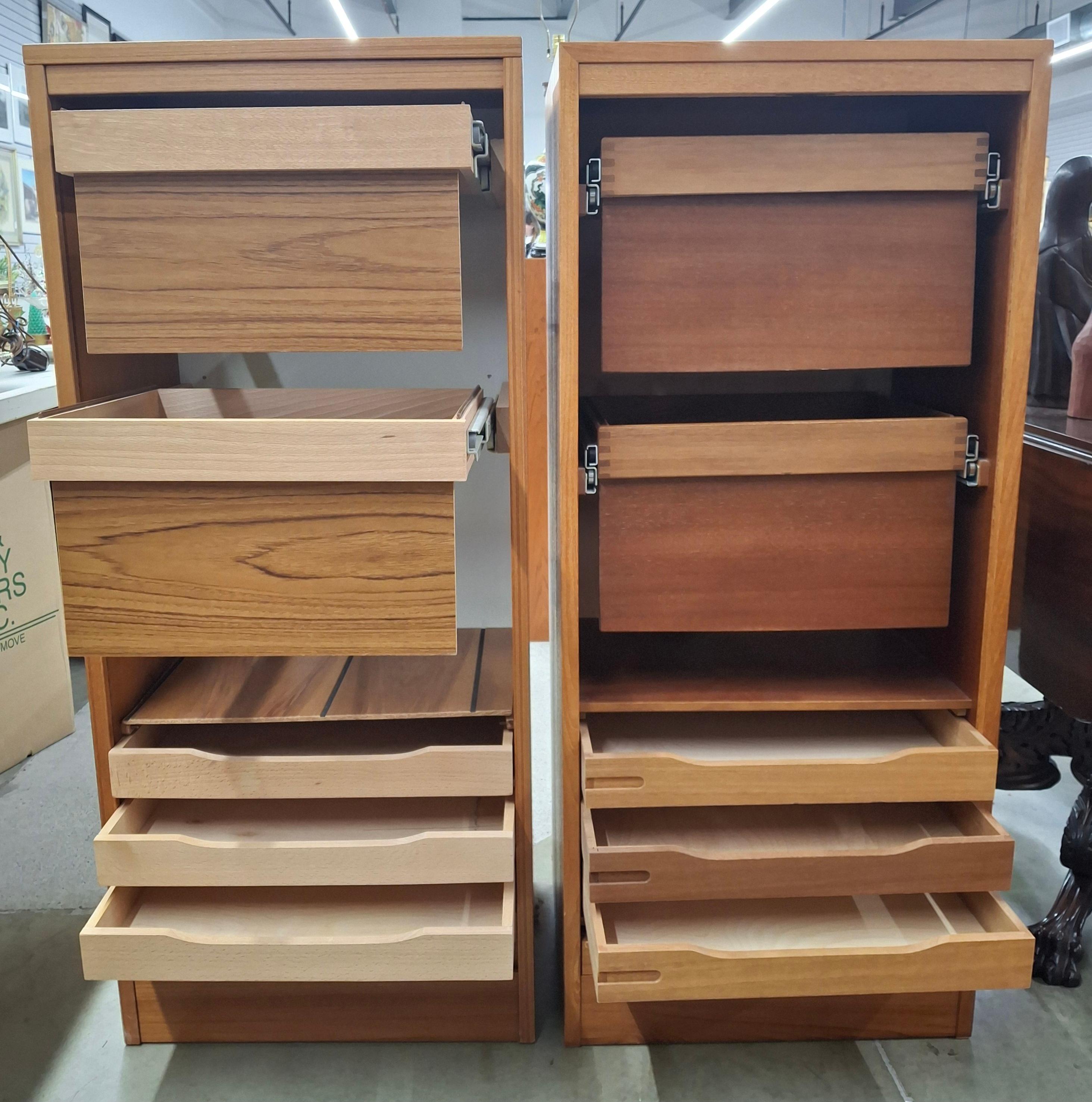 Pair Danish Mid-Century Modern Teak Tambour Fall Front Open Drawers File Cabinet For Sale 1