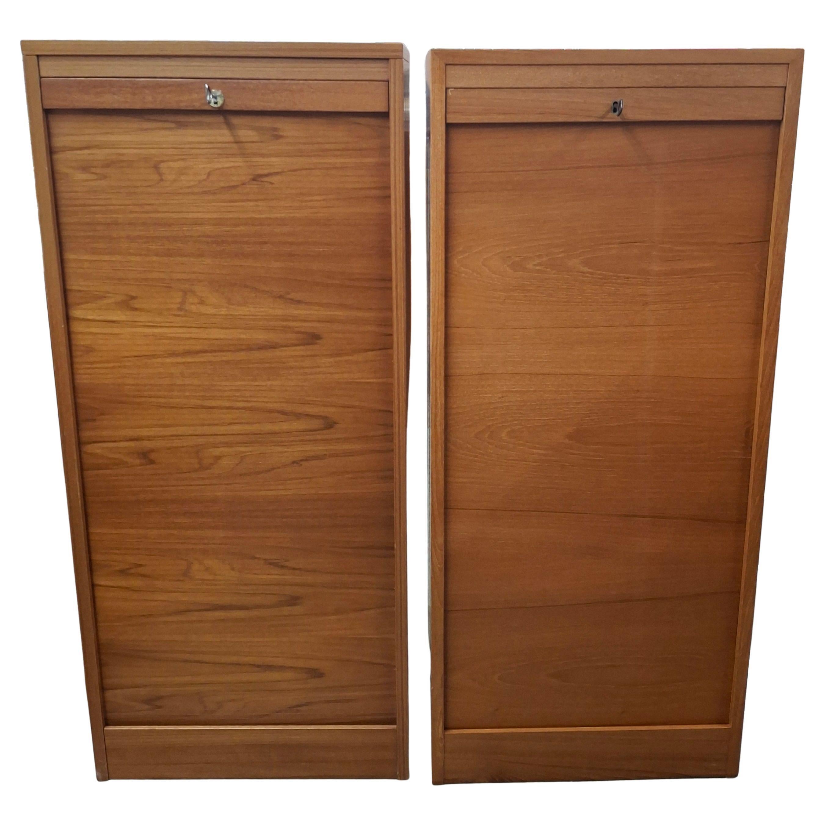 Pair Danish Mid-Century Modern Teak Tambour Fall Front Open Drawers File Cabinet For Sale