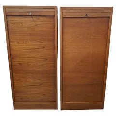 Pair Danish Mid-Century Modern Teak Tambour Fall Front Open Drawers File Cabinet Pair Danish Mid-Century Modern Teak Tambour Fall Front Open Drawers File Cabinet