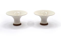 Pair of Danish Modern Candleholders, Off-White / Ivory Pottery and Teak Base