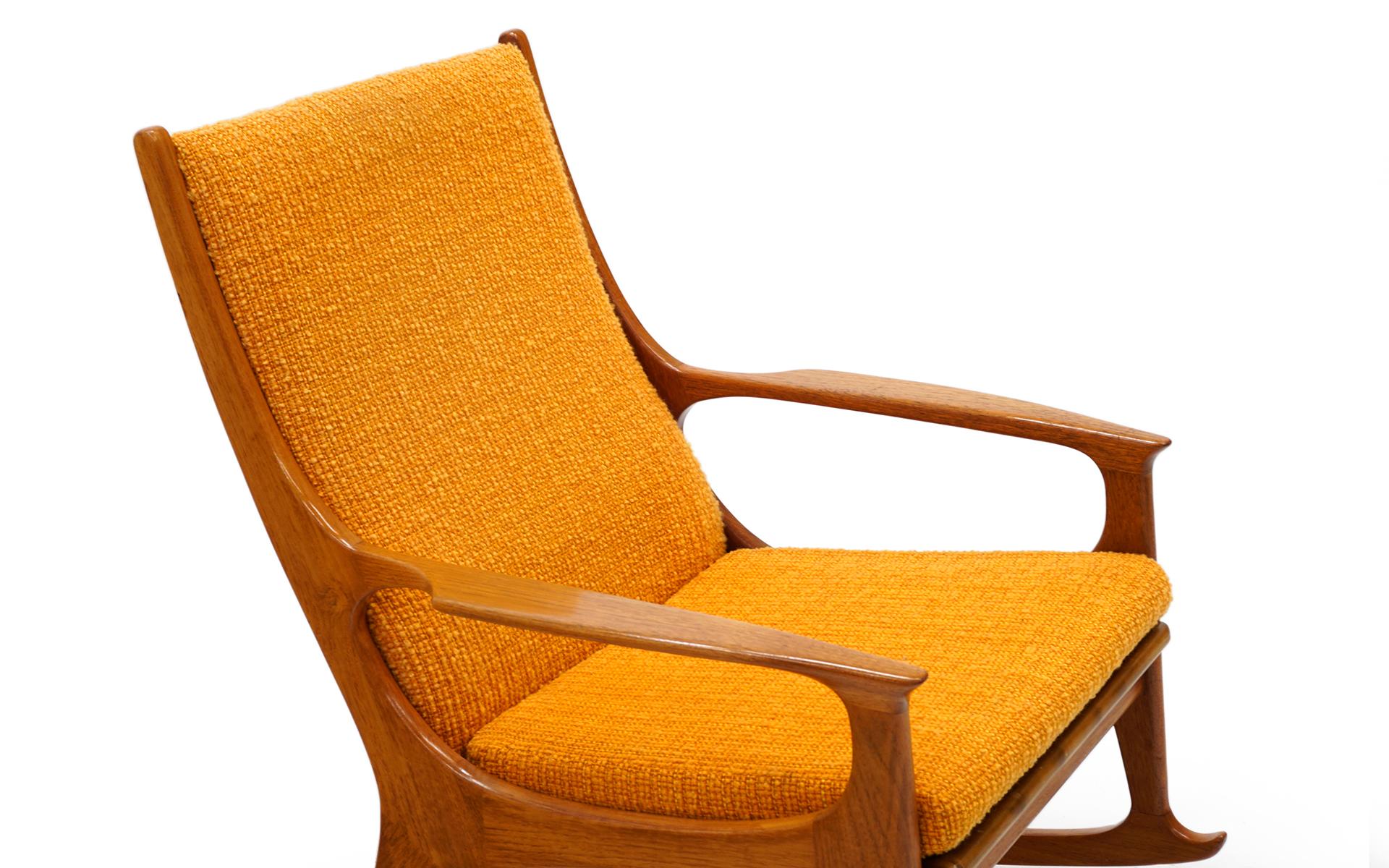 Adam Style Pair of Danish Modern High Back Lounge Chairs, One Rocker, Teak Orange Originall