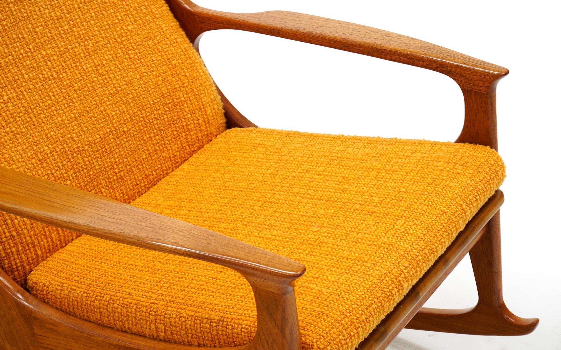 Pair of Danish Modern High Back Lounge Chairs, One Rocker, Teak Orange Originall In Good Condition In Kansas City, MO