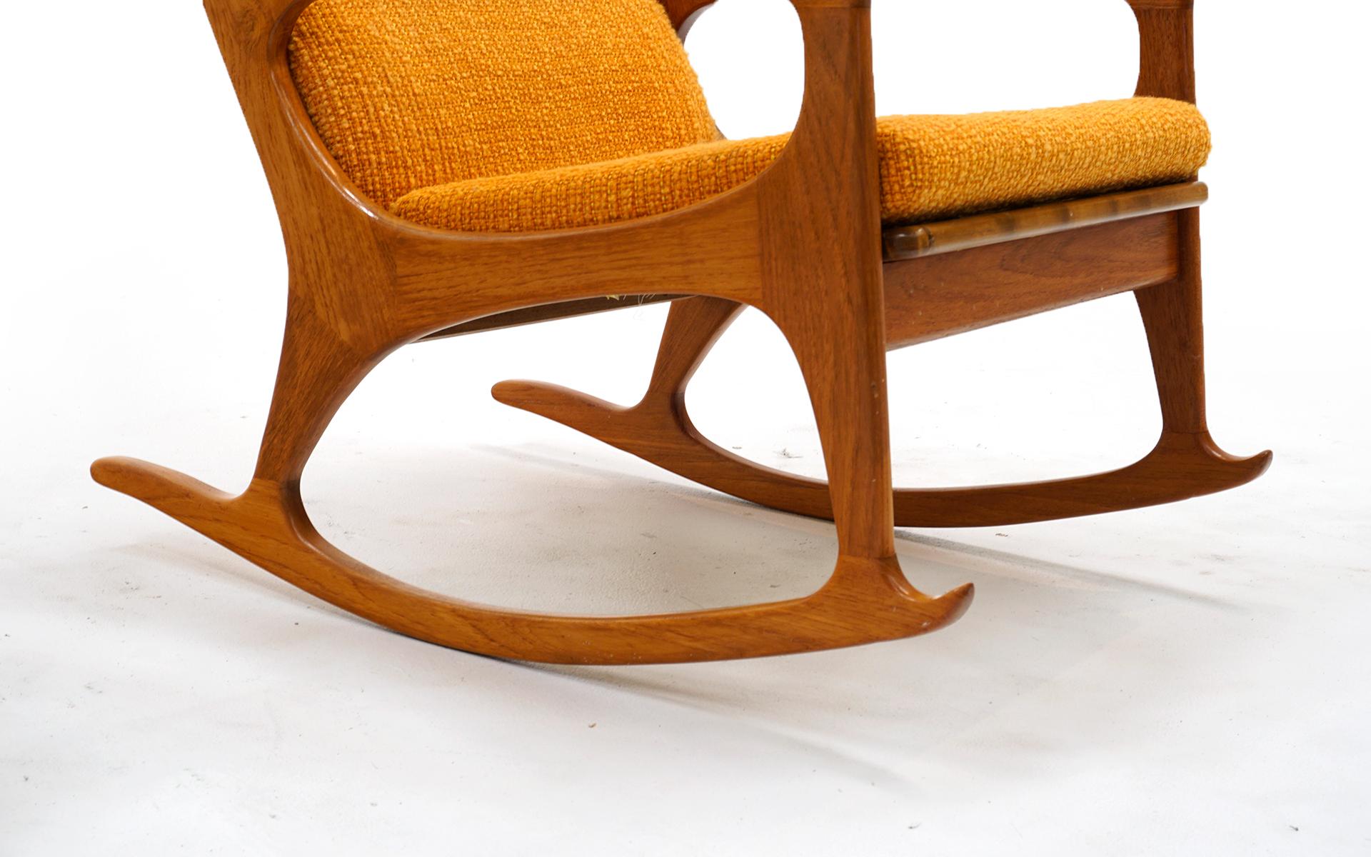 Mid-20th Century Pair of Danish Modern High Back Lounge Chairs, One Rocker, Teak Orange Originall