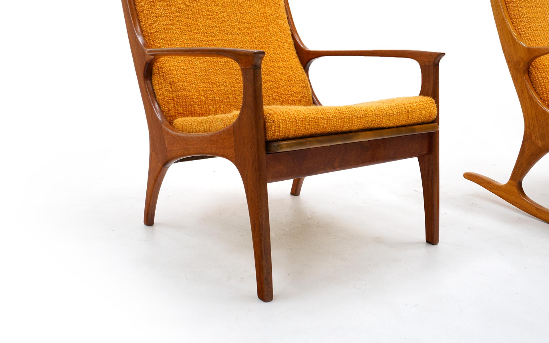 Upholstery Pair of Danish Modern High Back Lounge Chairs, One Rocker, Teak Orange Originall