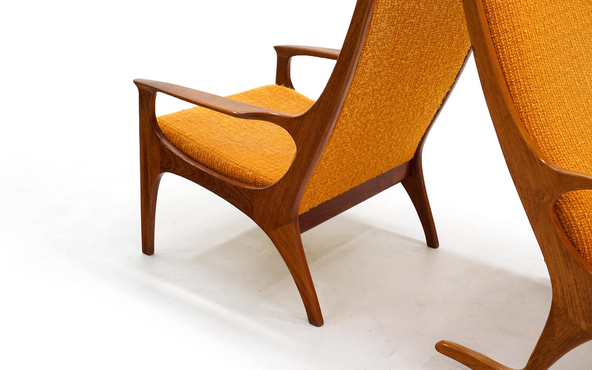 Pair of Danish Modern High Back Lounge Chairs, One Rocker, Teak Orange Originall 1