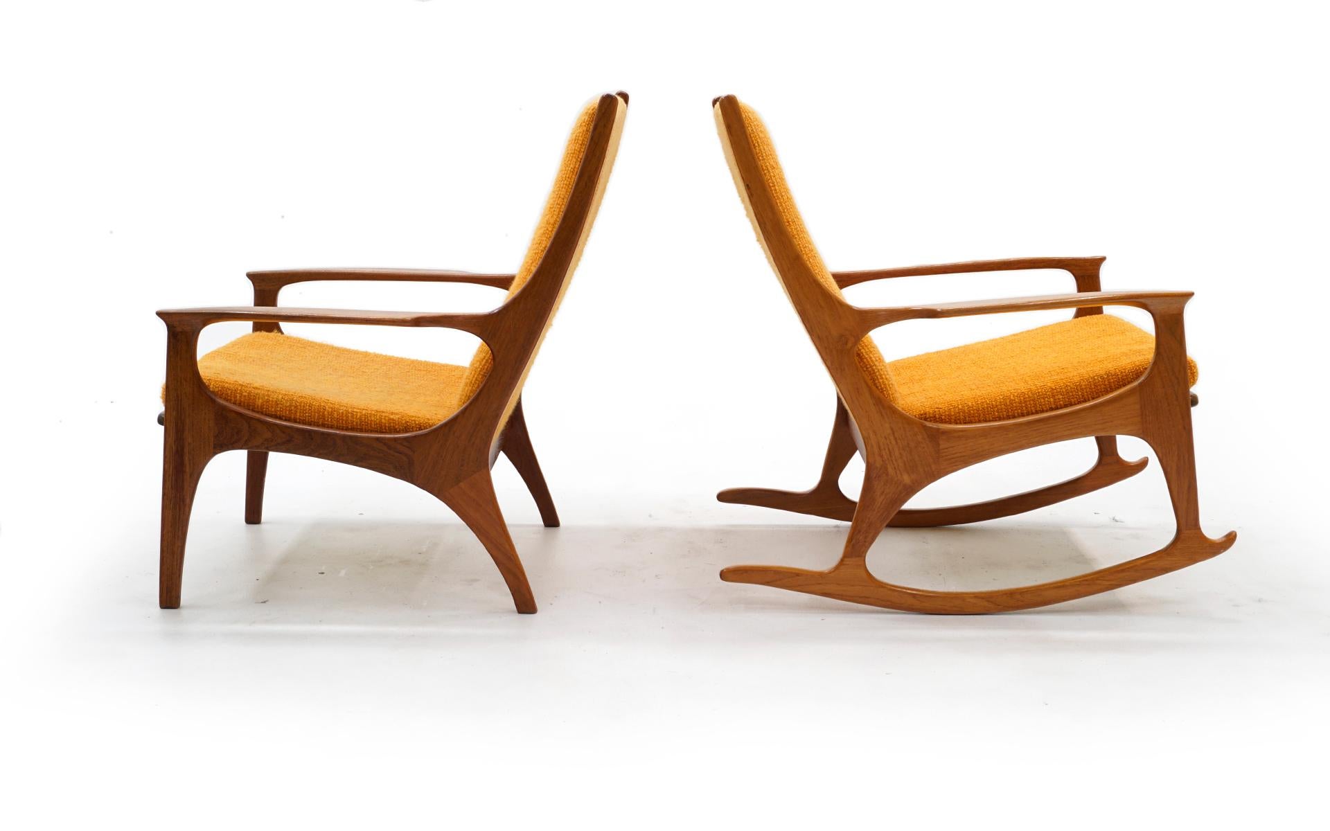 Pair of Danish Modern High Back Lounge Chairs, One Rocker, Teak Orange Originall 2