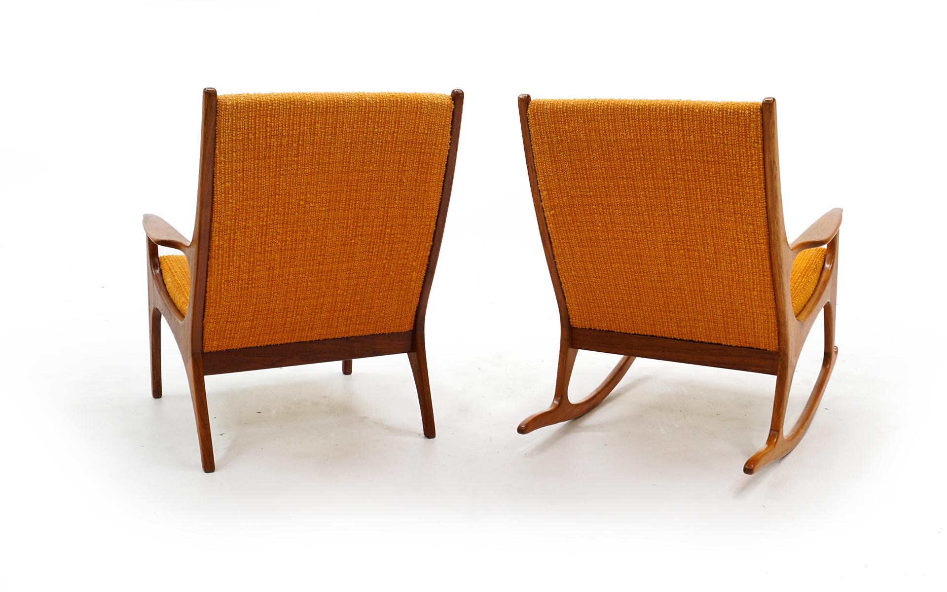 Pair of Danish Modern High Back Lounge Chairs, One Rocker, Teak Orange Originall 3