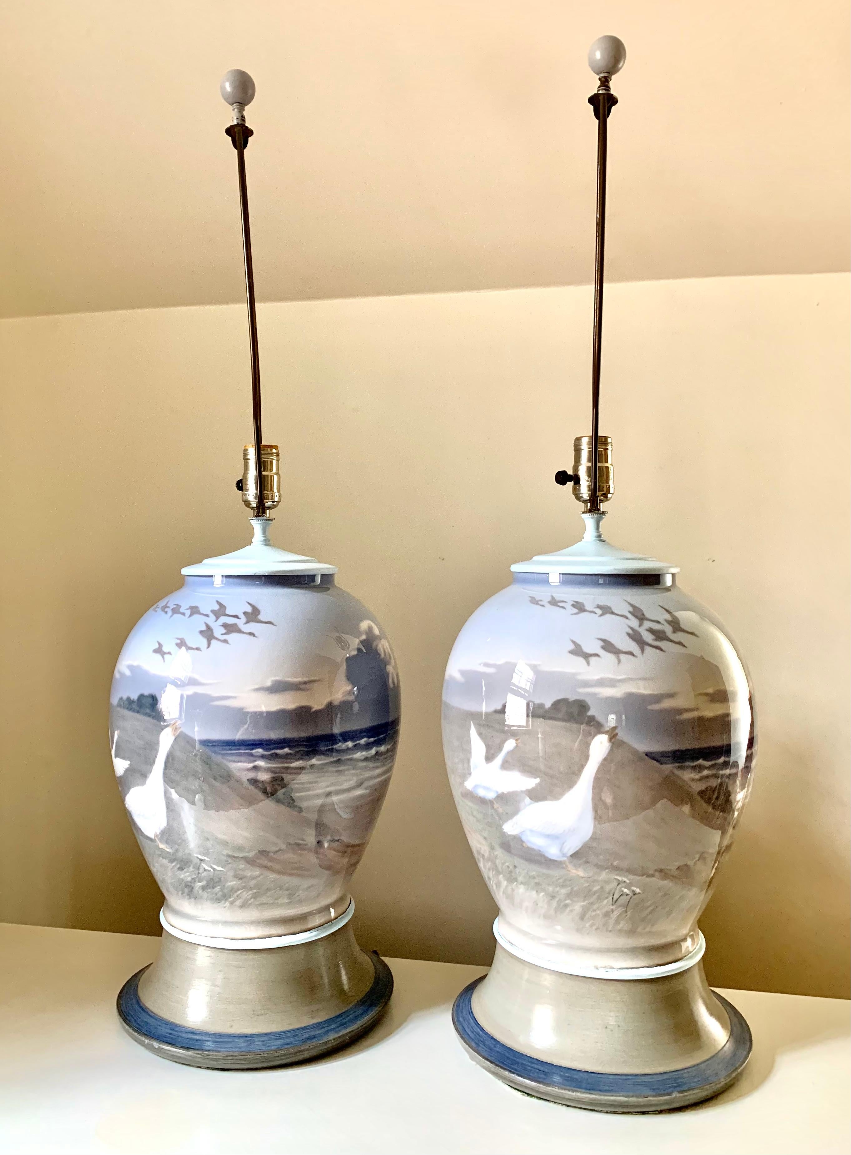 Pair Very Large Danish Modern Porcelain Table Lamps Sea, Beach Coastal Scenes For Sale 4