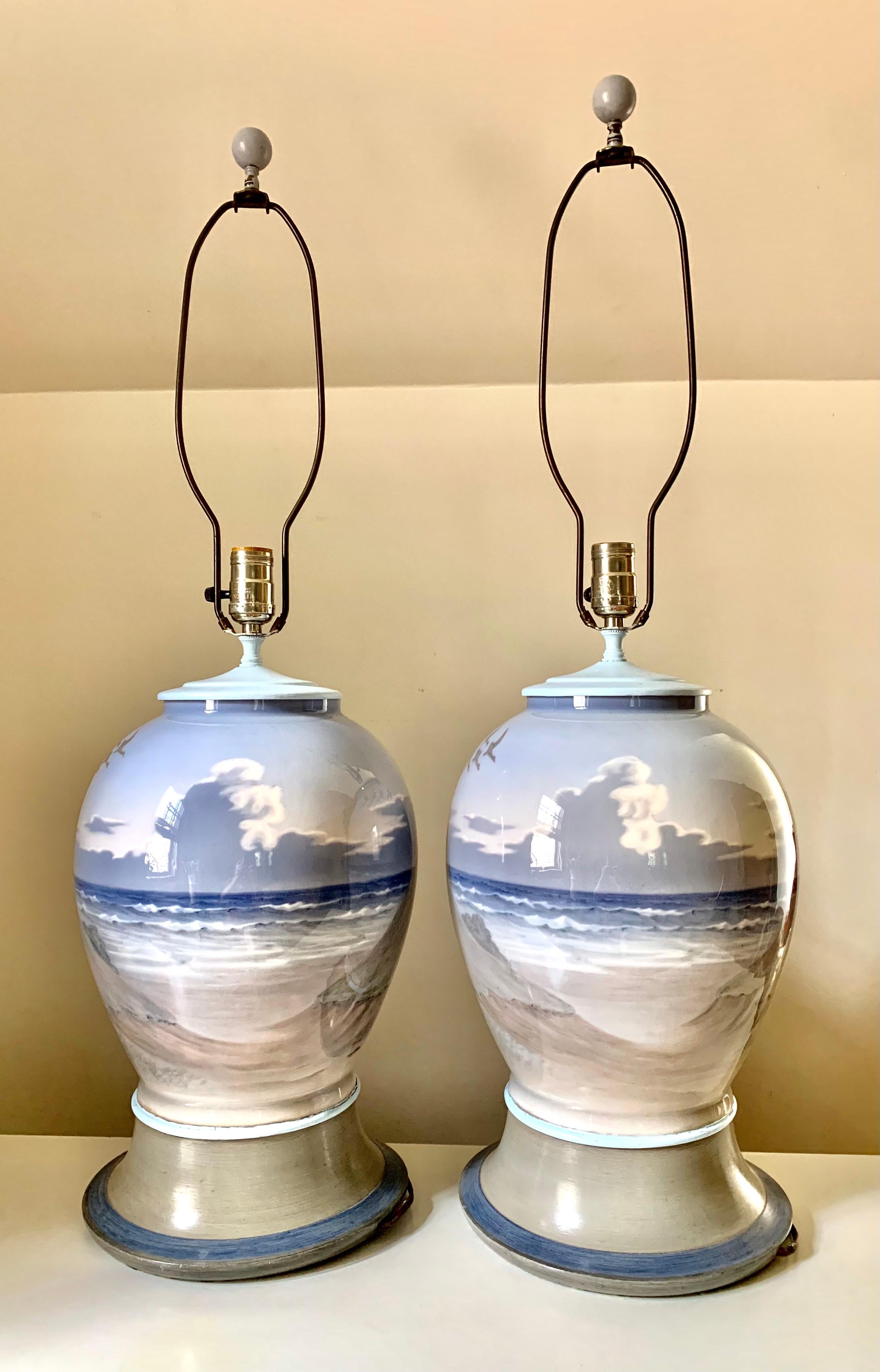 Pair Very Large Danish Modern Porcelain Table Lamps Sea, Beach Coastal Scenes For Sale 5