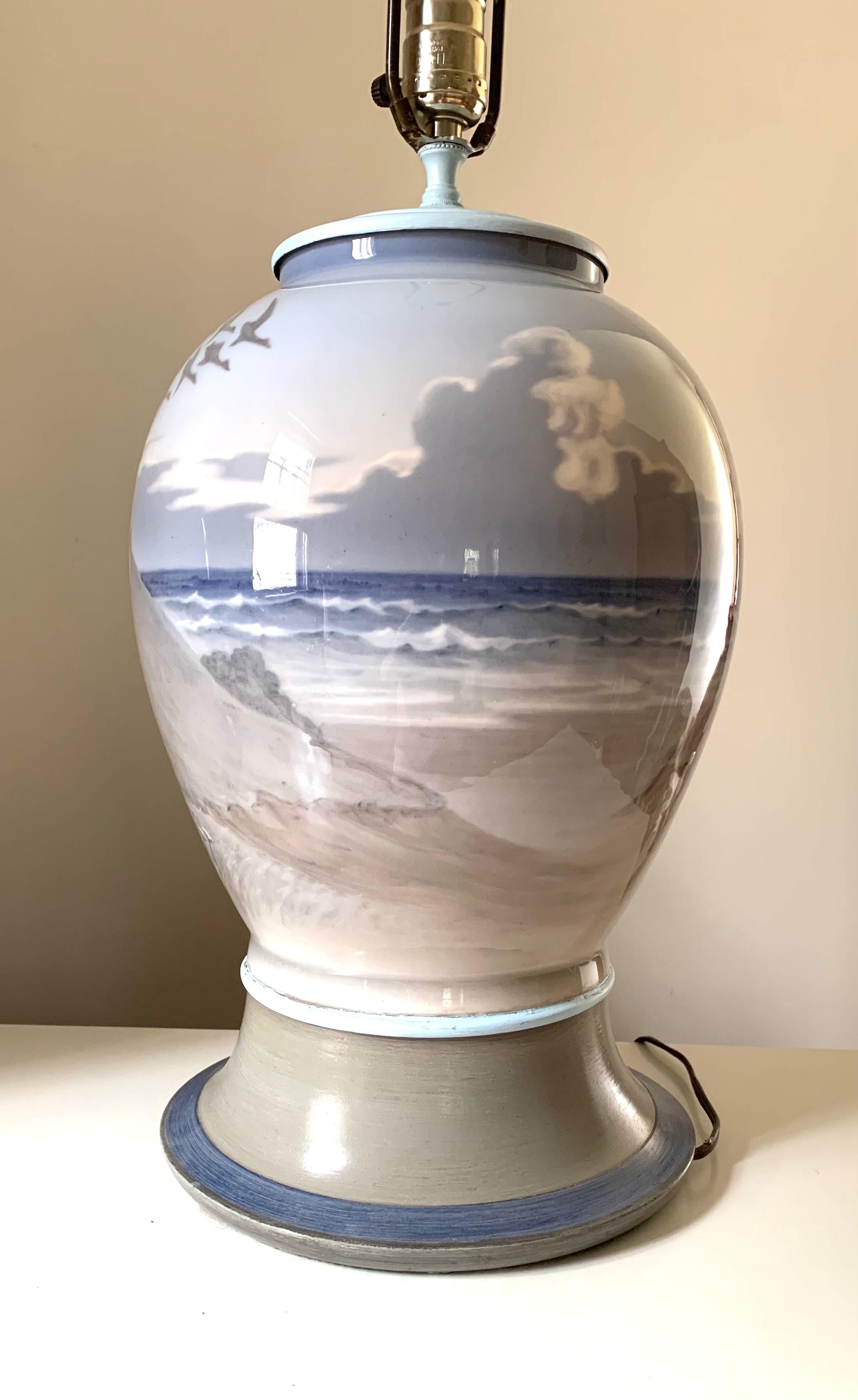 Scandinavian Modern Pair Very Large Danish Modern Porcelain Table Lamps Sea, Beach Coastal Scenes For Sale