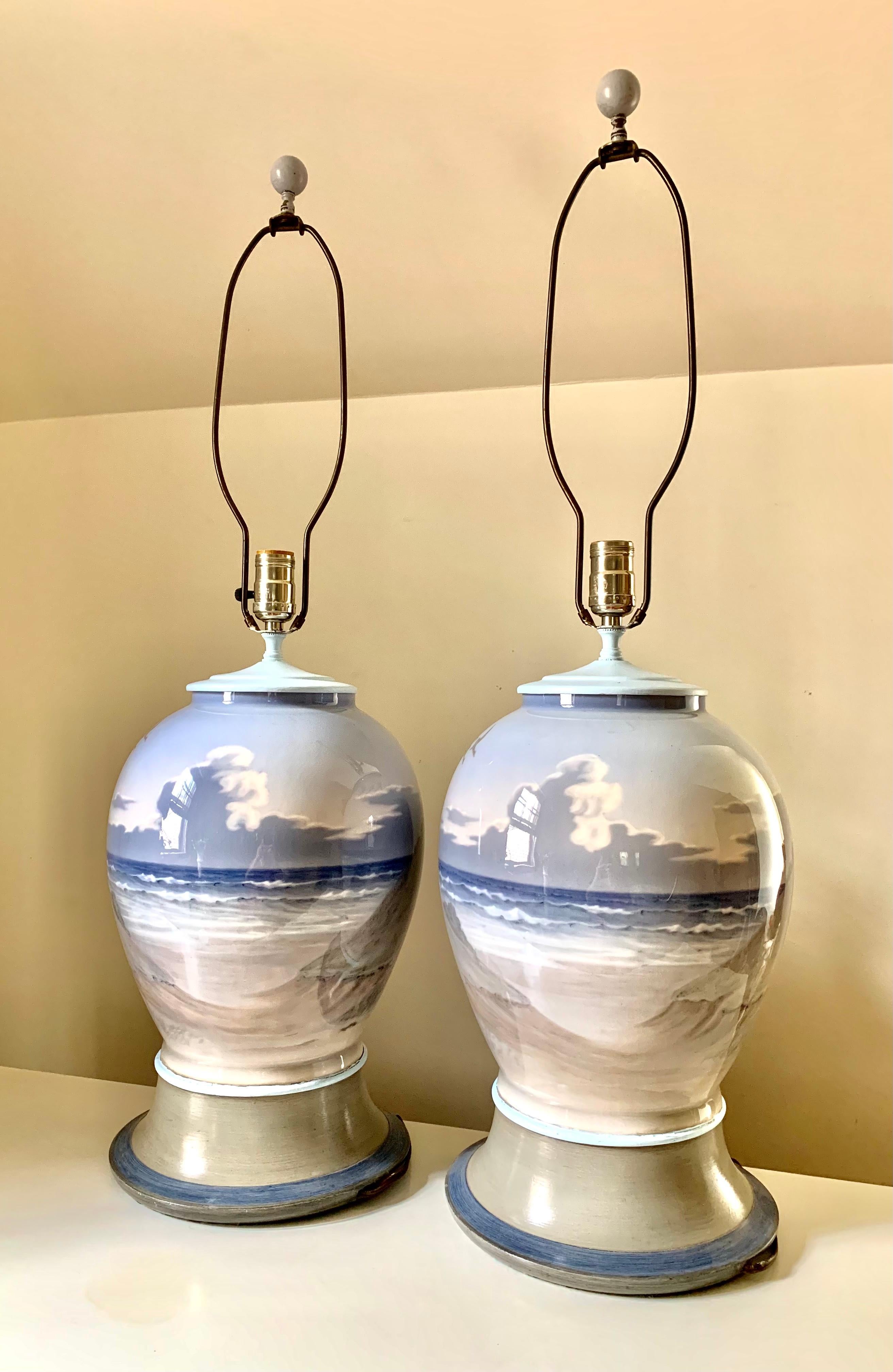 Pair Very Large Danish Modern Porcelain Table Lamps Sea, Beach Coastal Scenes For Sale 2