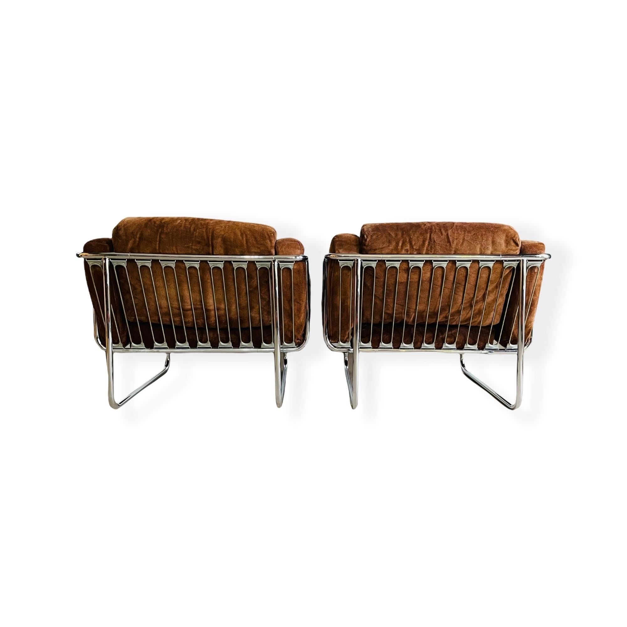 Suede Pair Danish Modern Chrome Lounge Chairs by Hans Eichenberger