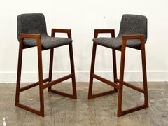 Pair Danish Modern Teak Barstools - Mid Century Upholstered Bar Stools