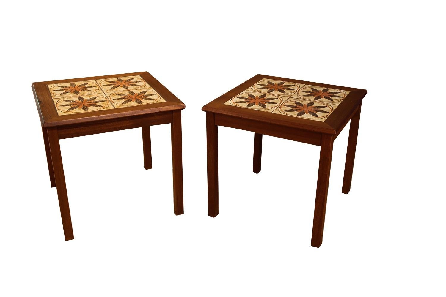 Mid-Century Modern Pair of Danish Modern Teak Ceramic Tile Side Tables