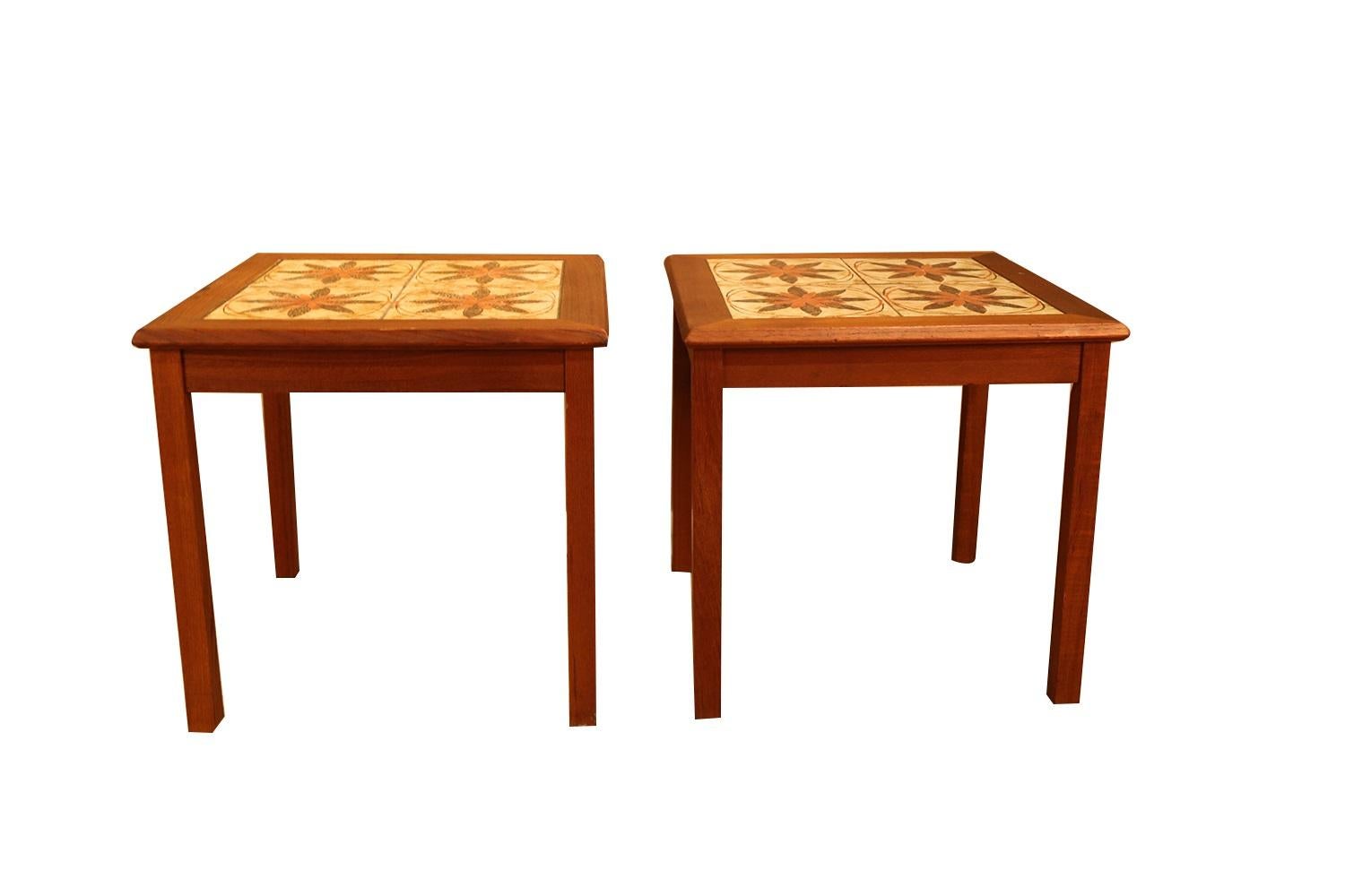 Pair of Danish Modern Teak Ceramic Tile Side Tables In Good Condition In Baltimore, MD