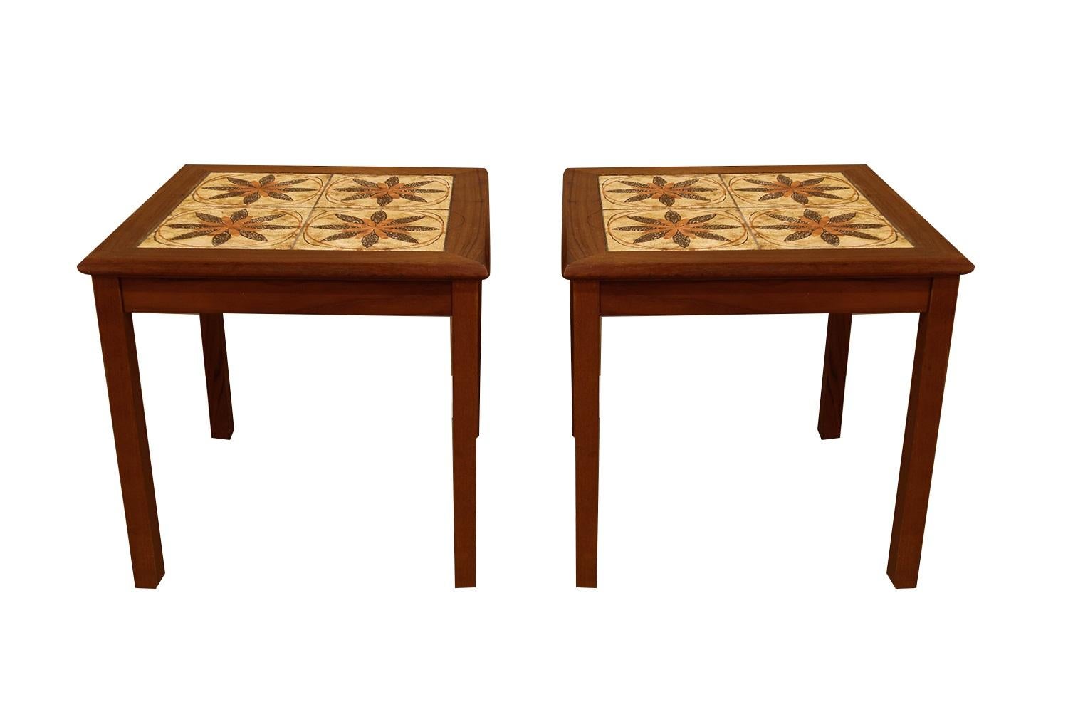 Pair of Danish Modern Teak Ceramic Tile Side Tables 3