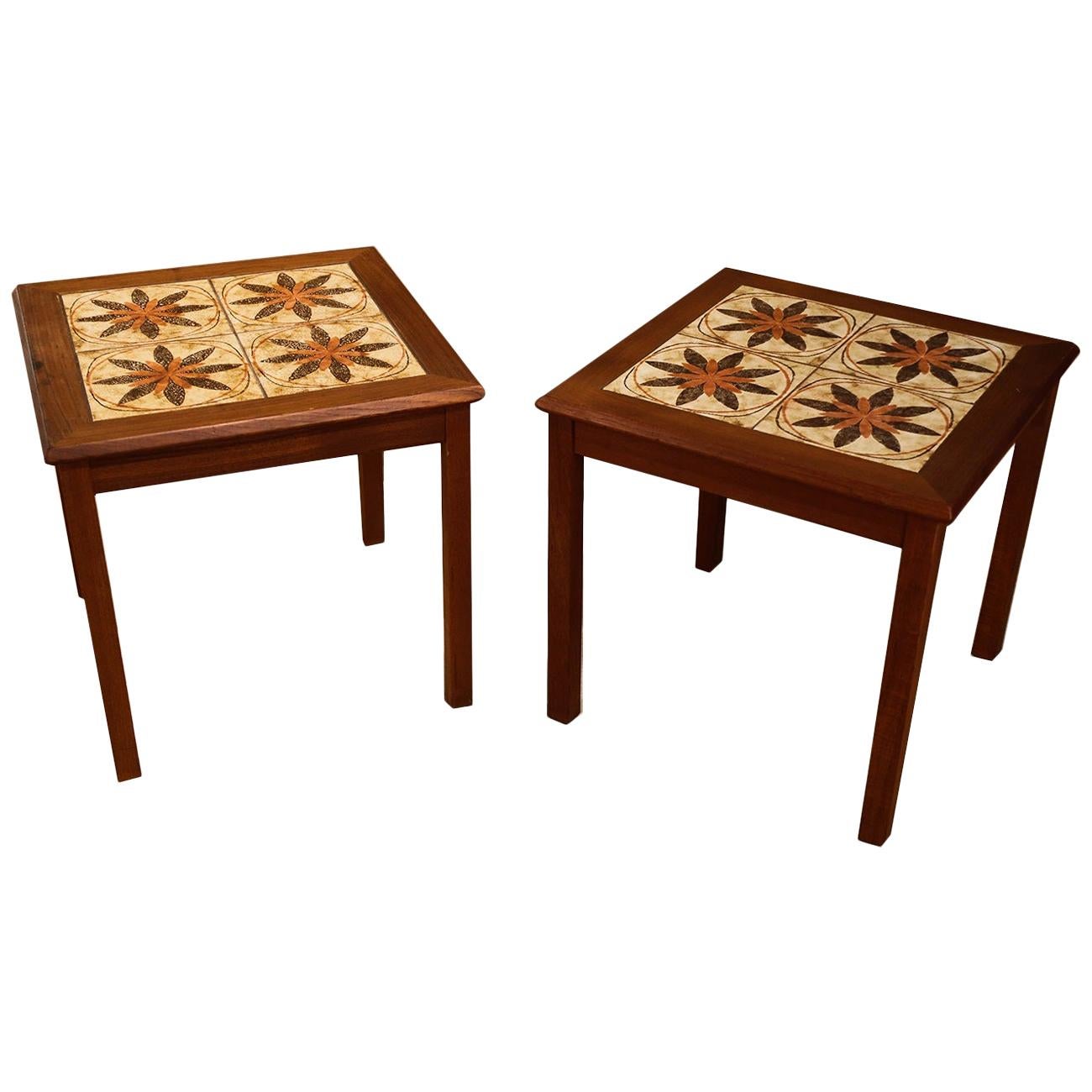 Pair of Danish Modern Teak Ceramic Tile Side Tables