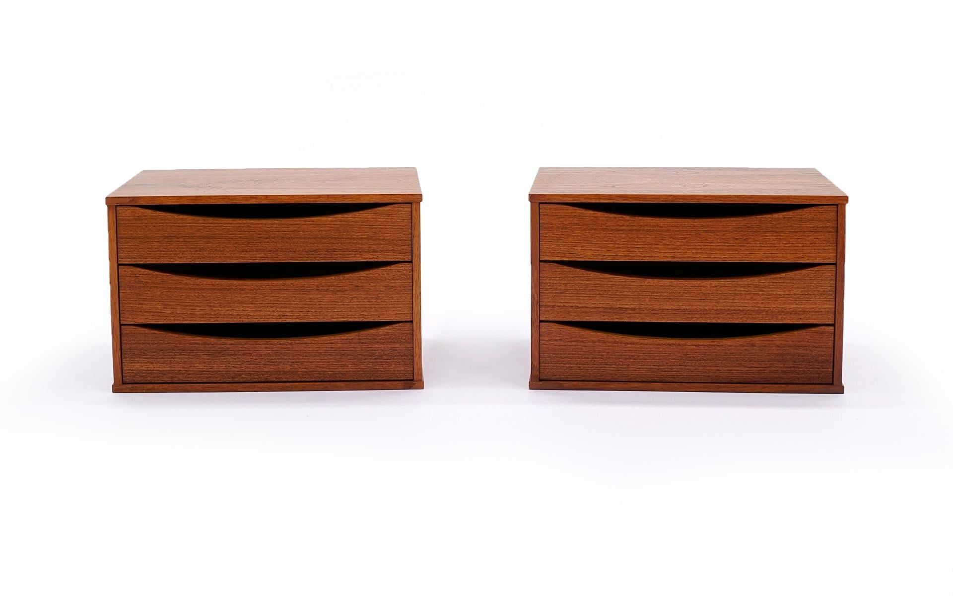 Two jewelry cabinets in teak designed by Arne Vodder and made by Sibast, Denmark. Each has three drawers, some of which are felt lined. The cases are in very good to excellent original condition. These do not need refinishing and are ready to use.