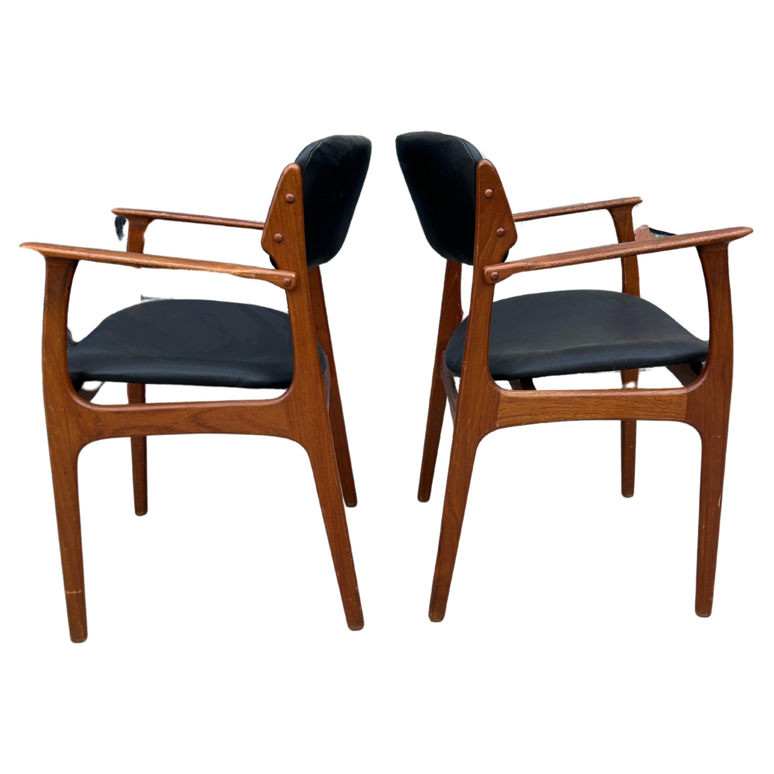 Pair danish modern Teak model 49 leather dining arm chairs by Erik Buch For Sale