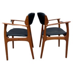 Vintage Pair danish modern Teak model 49 leather dining arm chairs by Erik Buch