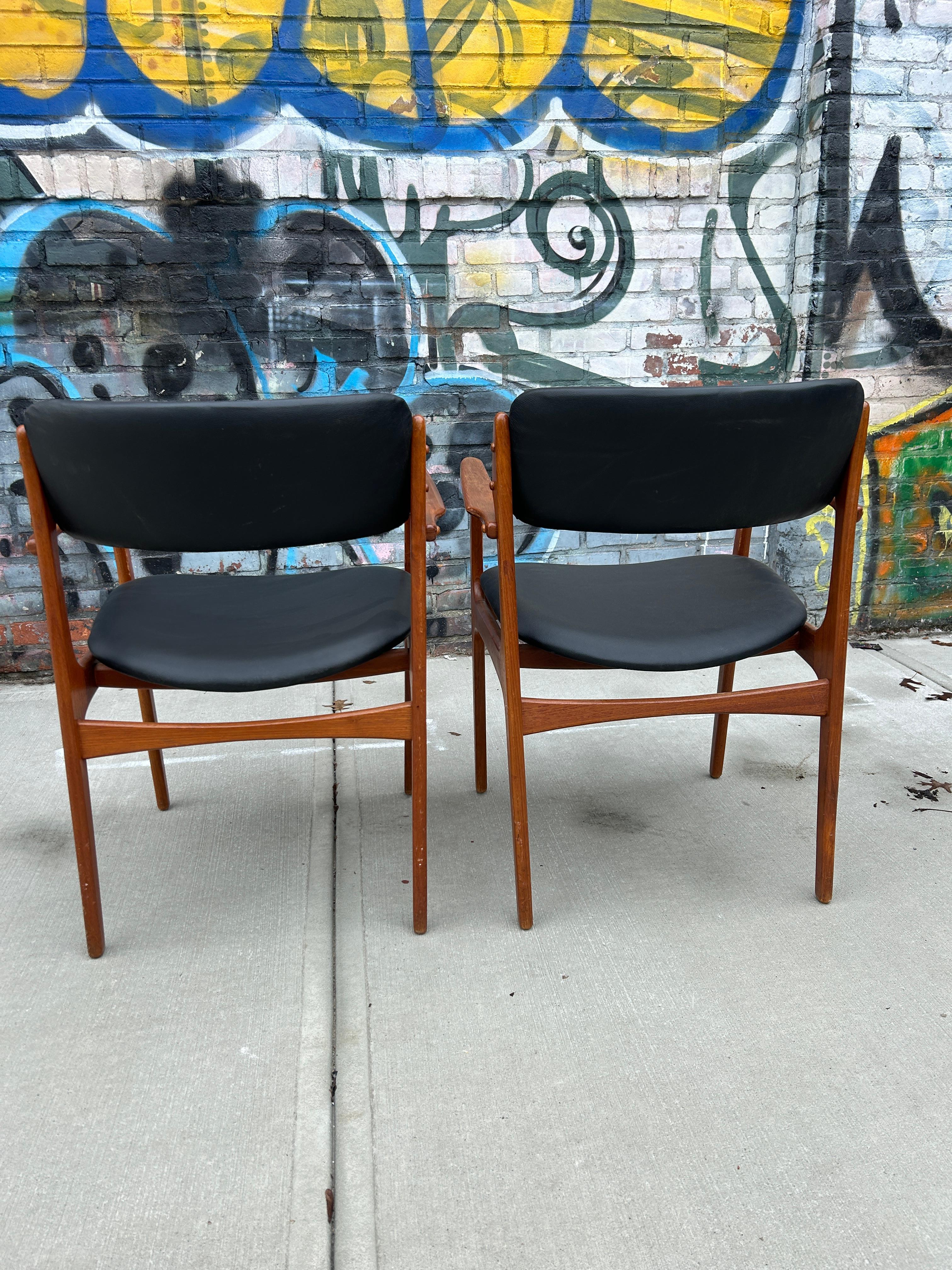 Pair danish modern Teak model 49 leather dining arm chairs by Erik Buch For Sale 1