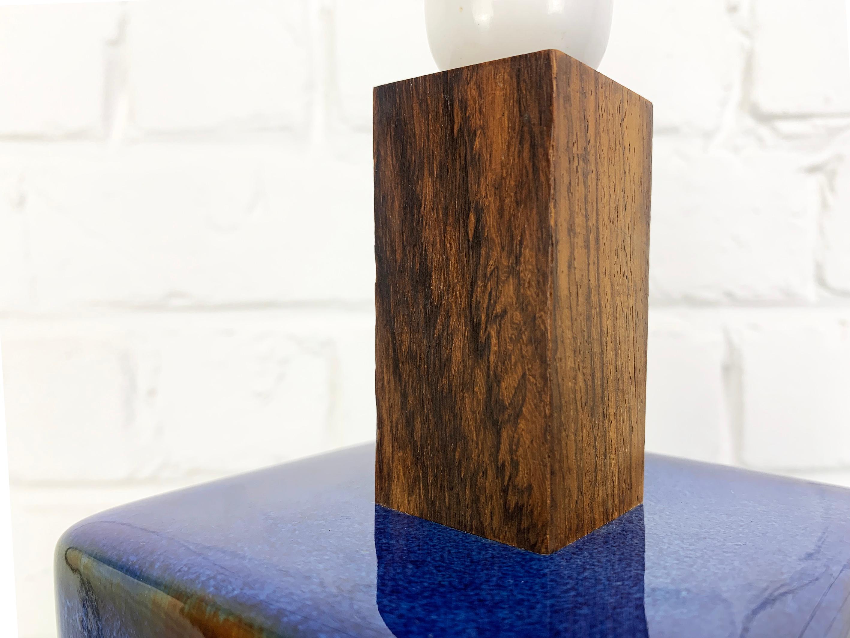 Pair Danish Søholm Stentøj blue ceramic & teak table lamps Denmark Mid-Century 3