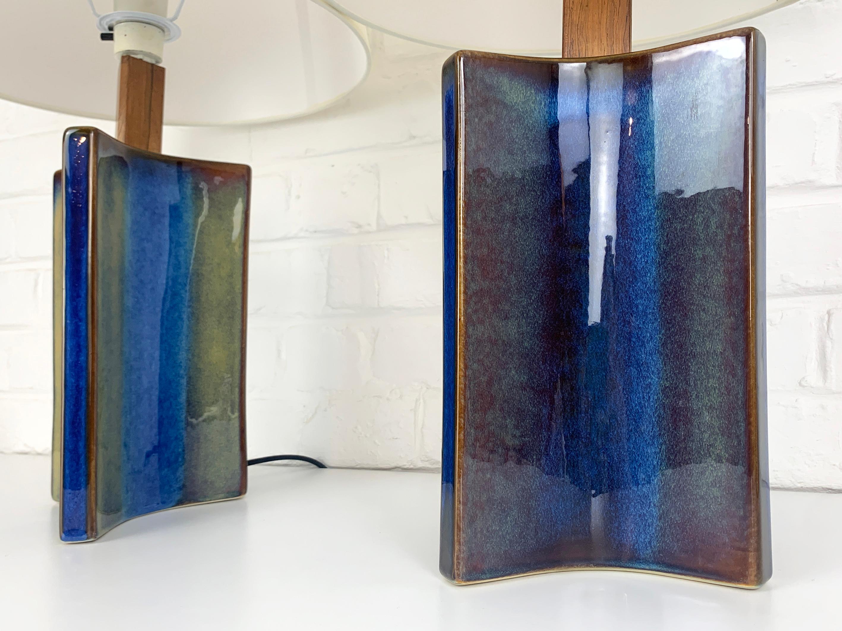 Pair Danish Søholm Stentøj blue ceramic & teak table lamps Denmark Mid-Century For Sale 4