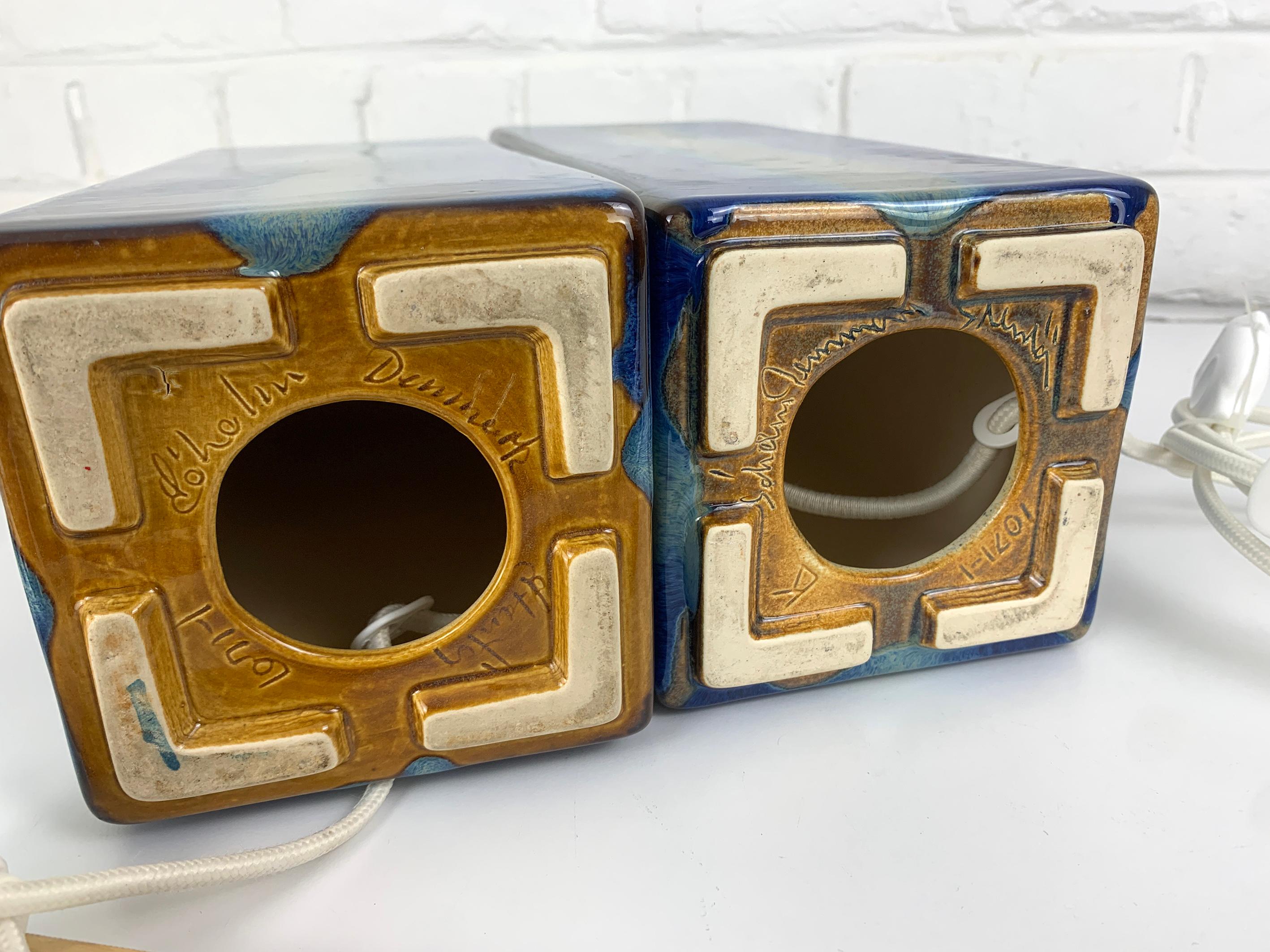 Pair Danish Søholm Stentøj blue ceramic & teak table lamps Denmark Mid-Century 4