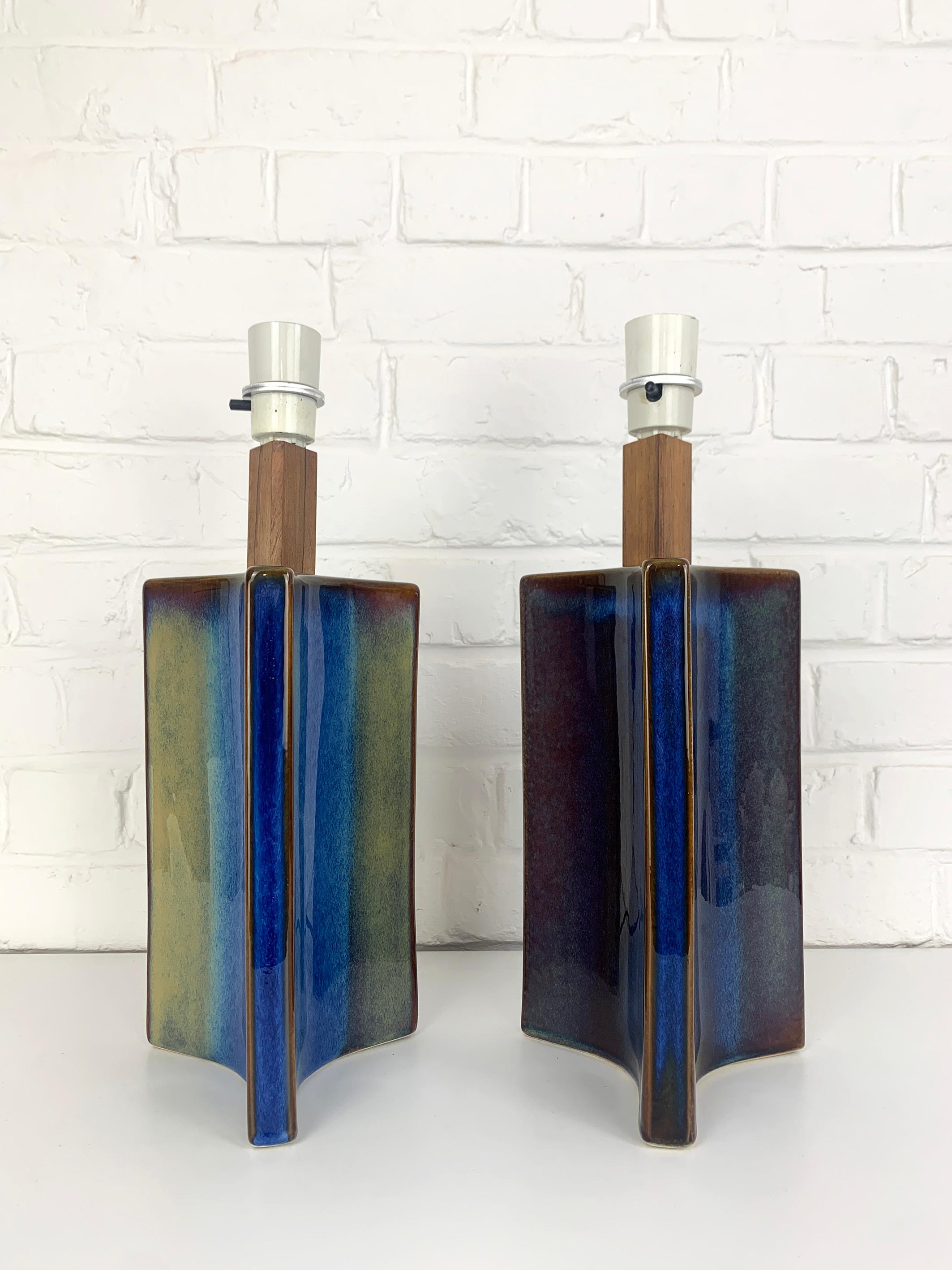Pair Danish Søholm Stentøj blue ceramic & teak table lamps Denmark Mid-Century For Sale 5