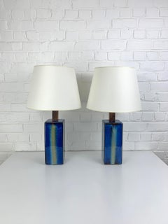 Pair Danish Søholm Stentøj blue ceramic & teak table lamps Denmark Mid-Century
