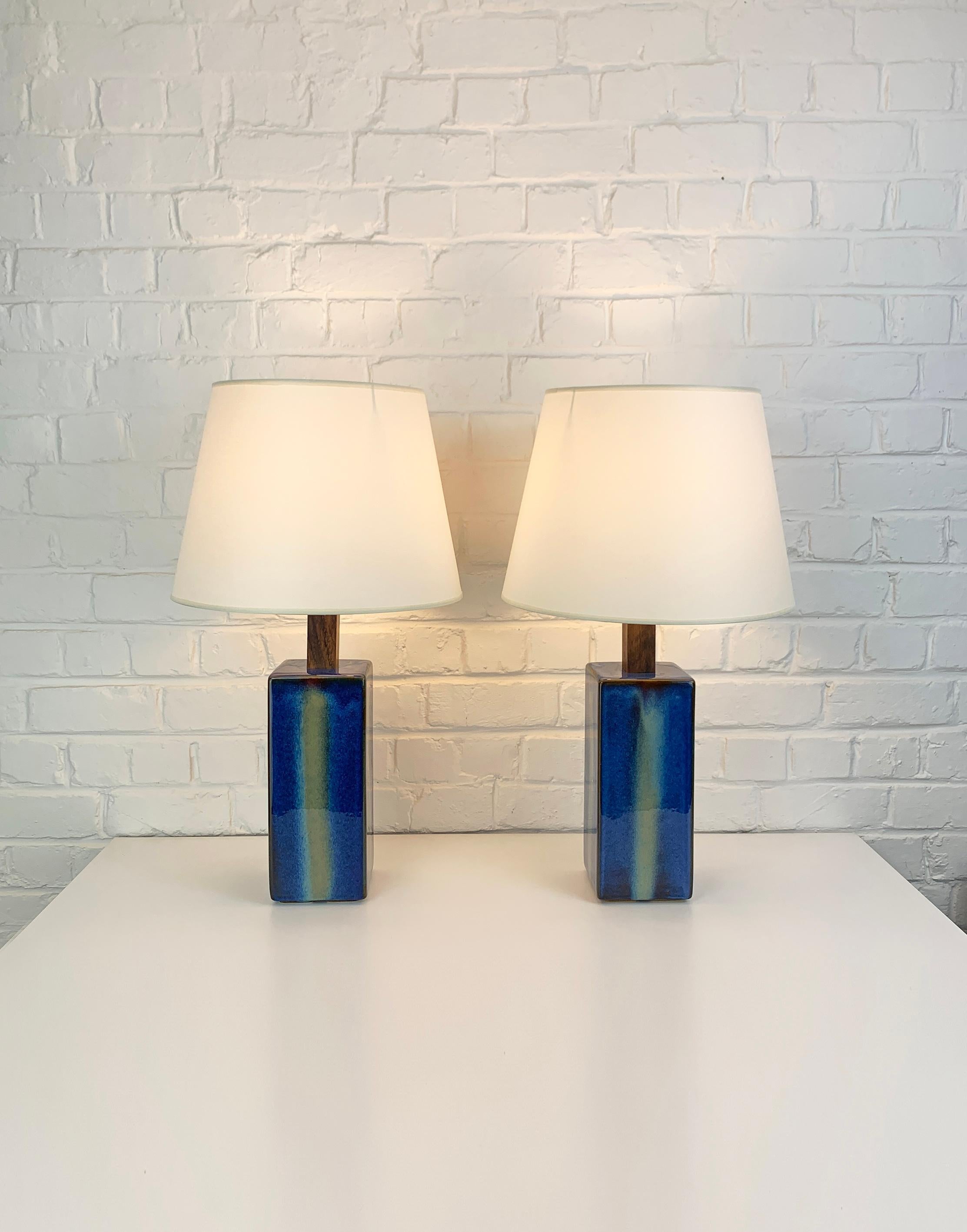 Scandinavian Modern Pair Danish Søholm Stentøj blue ceramic & teak table lamps Denmark Mid-Century