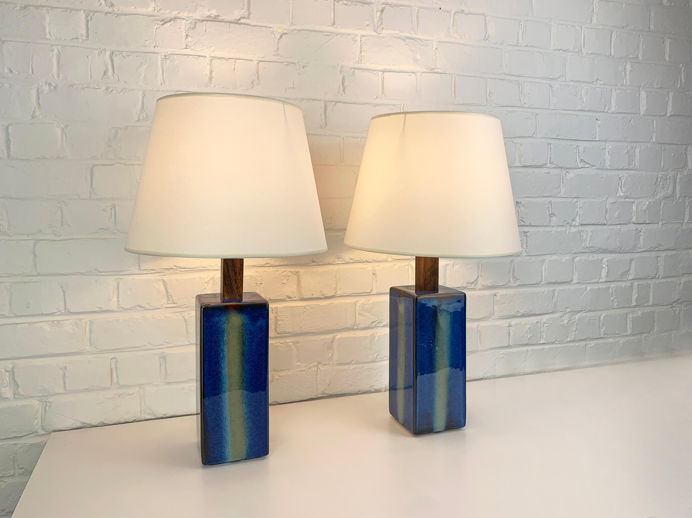 Glazed Pair Danish Søholm Stentøj blue ceramic & teak table lamps Denmark Mid-Century