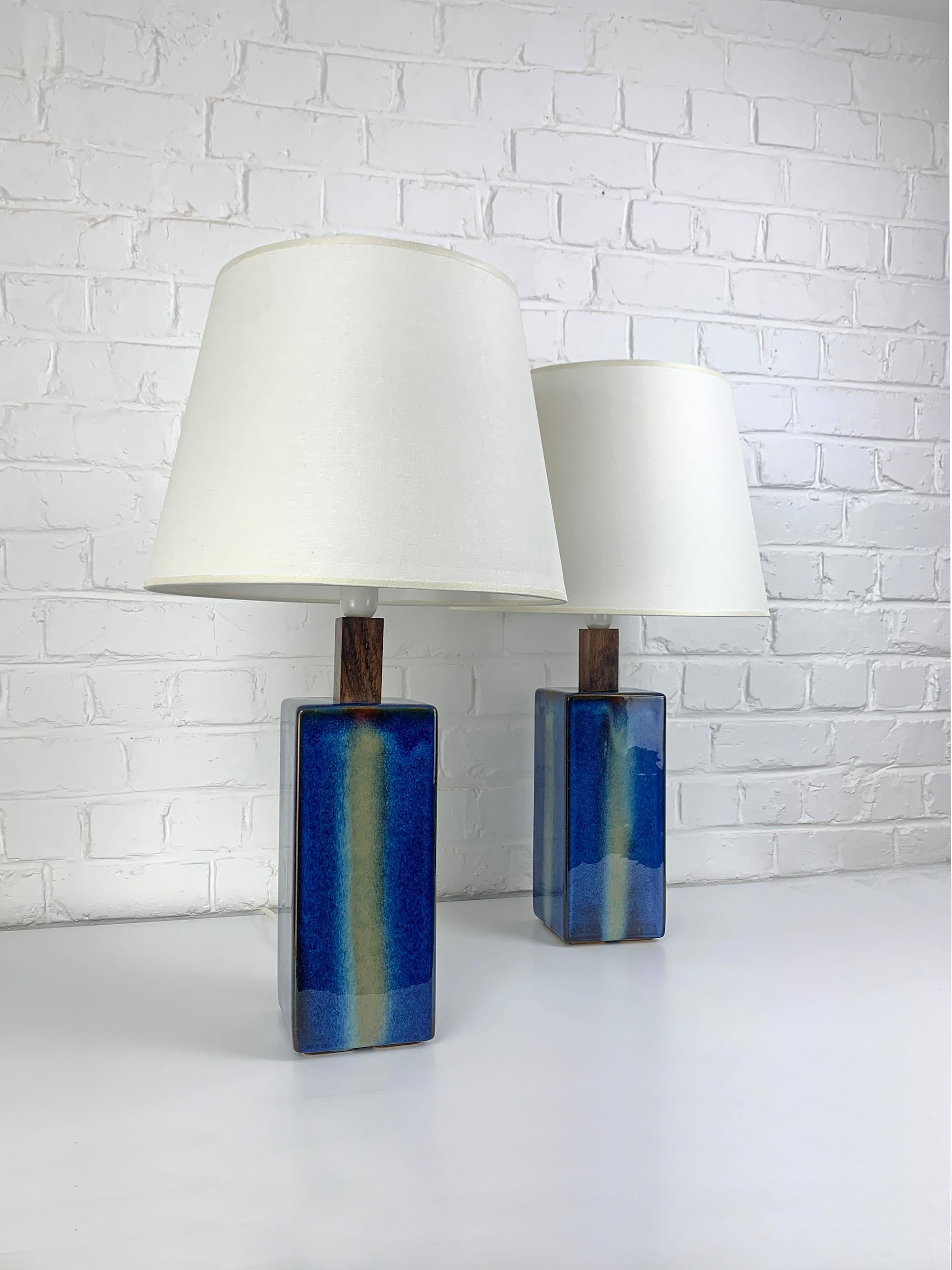 20th Century Pair Danish Søholm Stentøj blue ceramic & teak table lamps Denmark Mid-Century