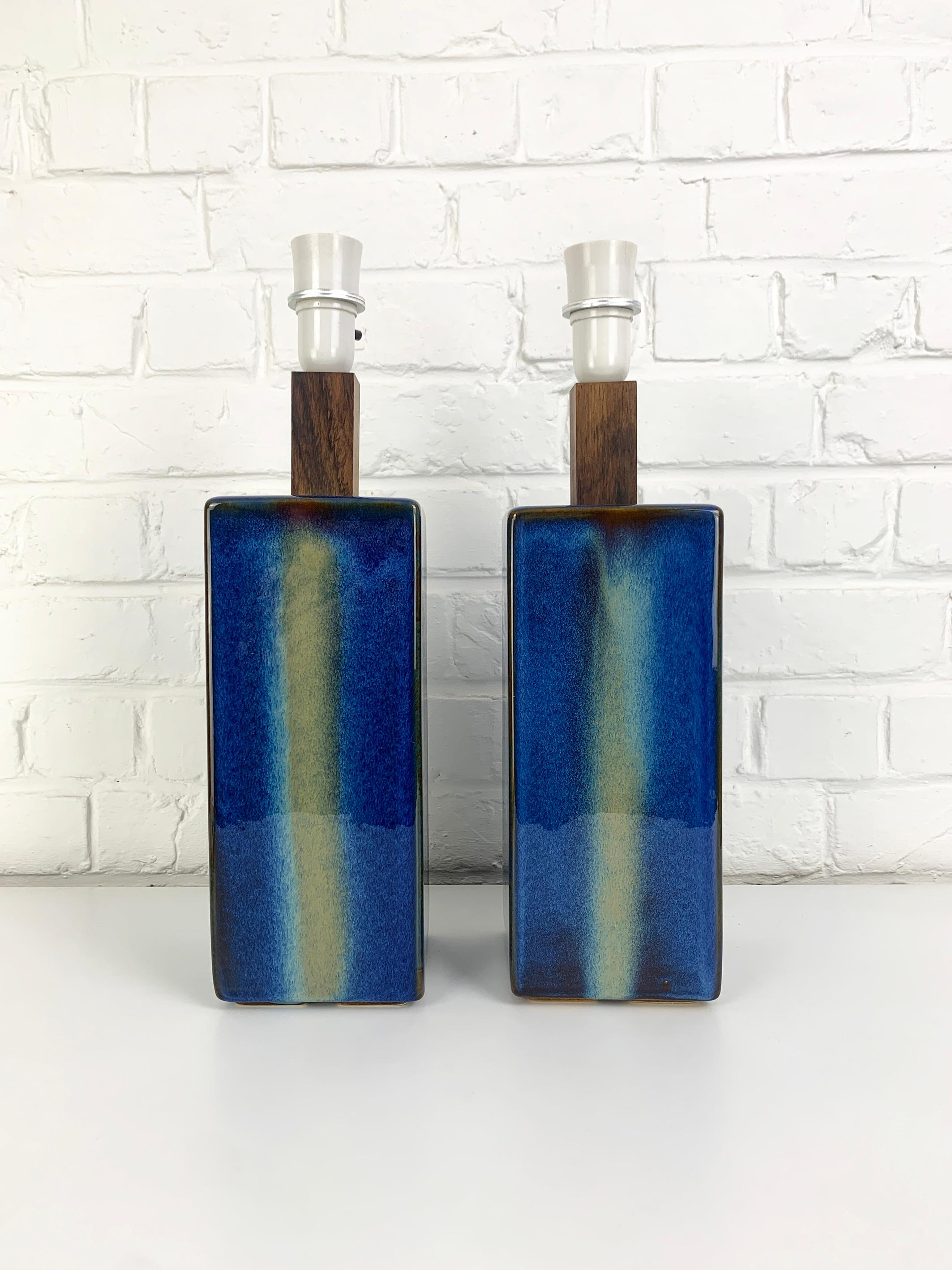 Ceramic Pair Danish Søholm Stentøj blue ceramic & teak table lamps Denmark Mid-Century