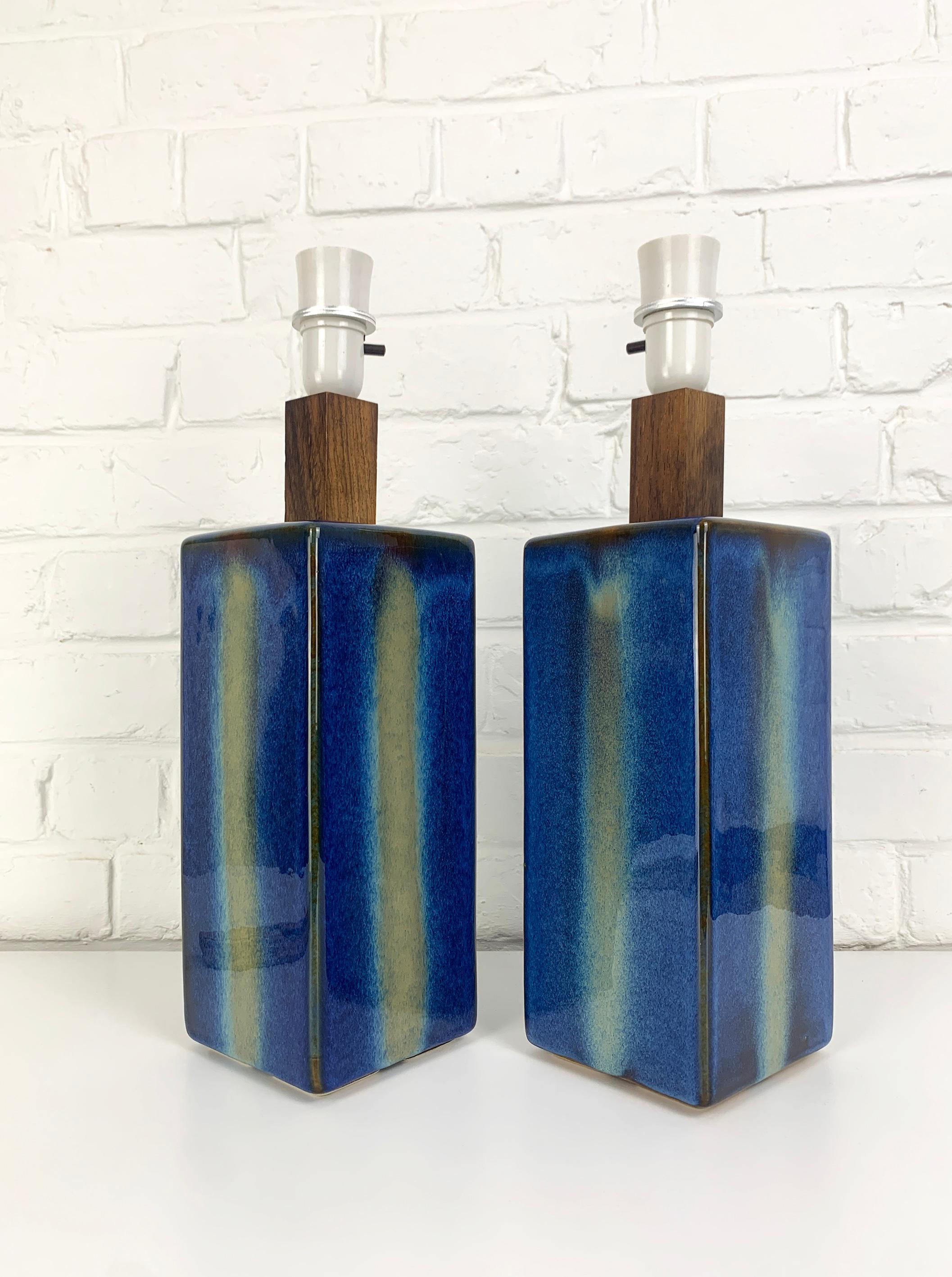 Pair Danish Søholm Stentøj blue ceramic & teak table lamps Denmark Mid-Century 2