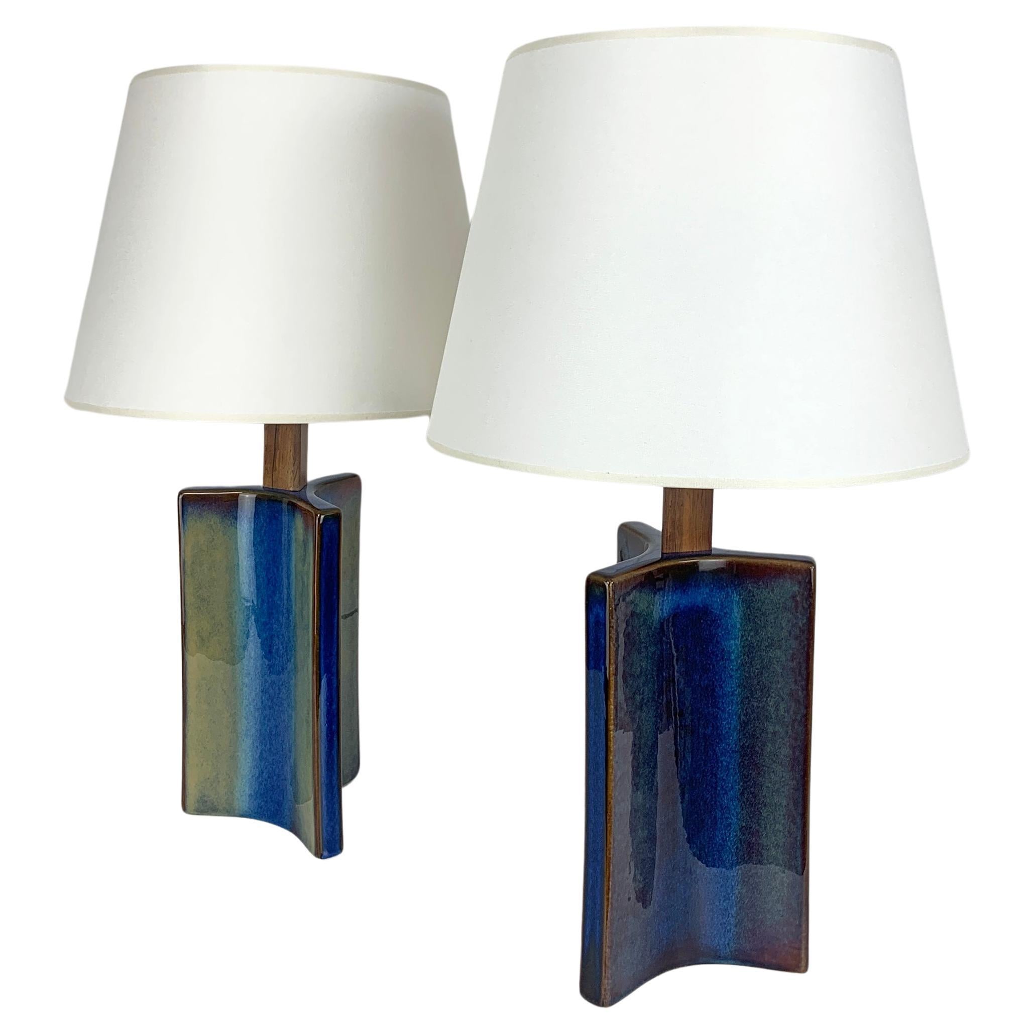 Pair Danish Søholm Stentøj blue ceramic & teak table lamps Denmark Mid-Century For Sale