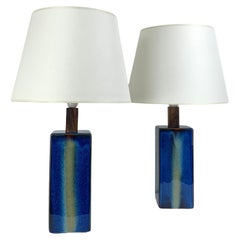 Pair Danish Søholm Stentøj blue ceramic & teak table lamps Denmark Mid-Century