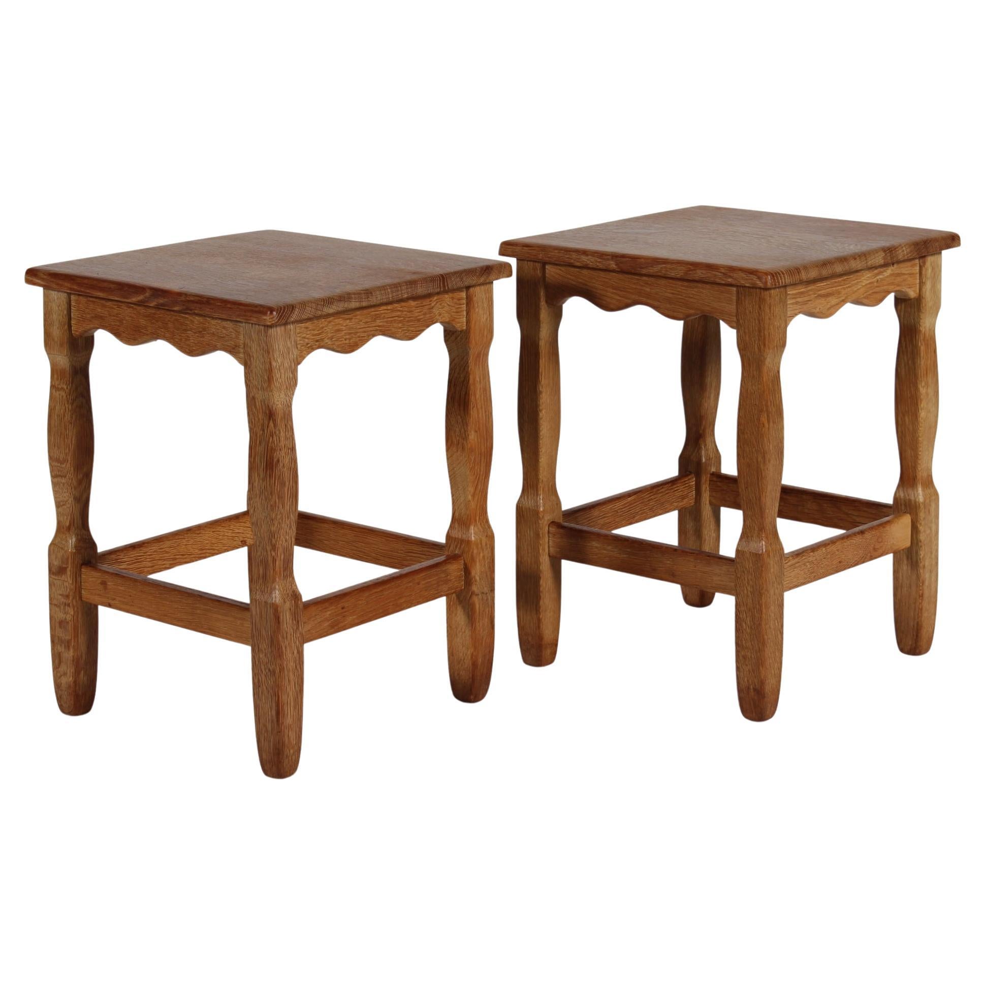 Pair Danish Side Tables and Stools of Solid Oak in Henning Kjærnulf Style 1970s For Sale