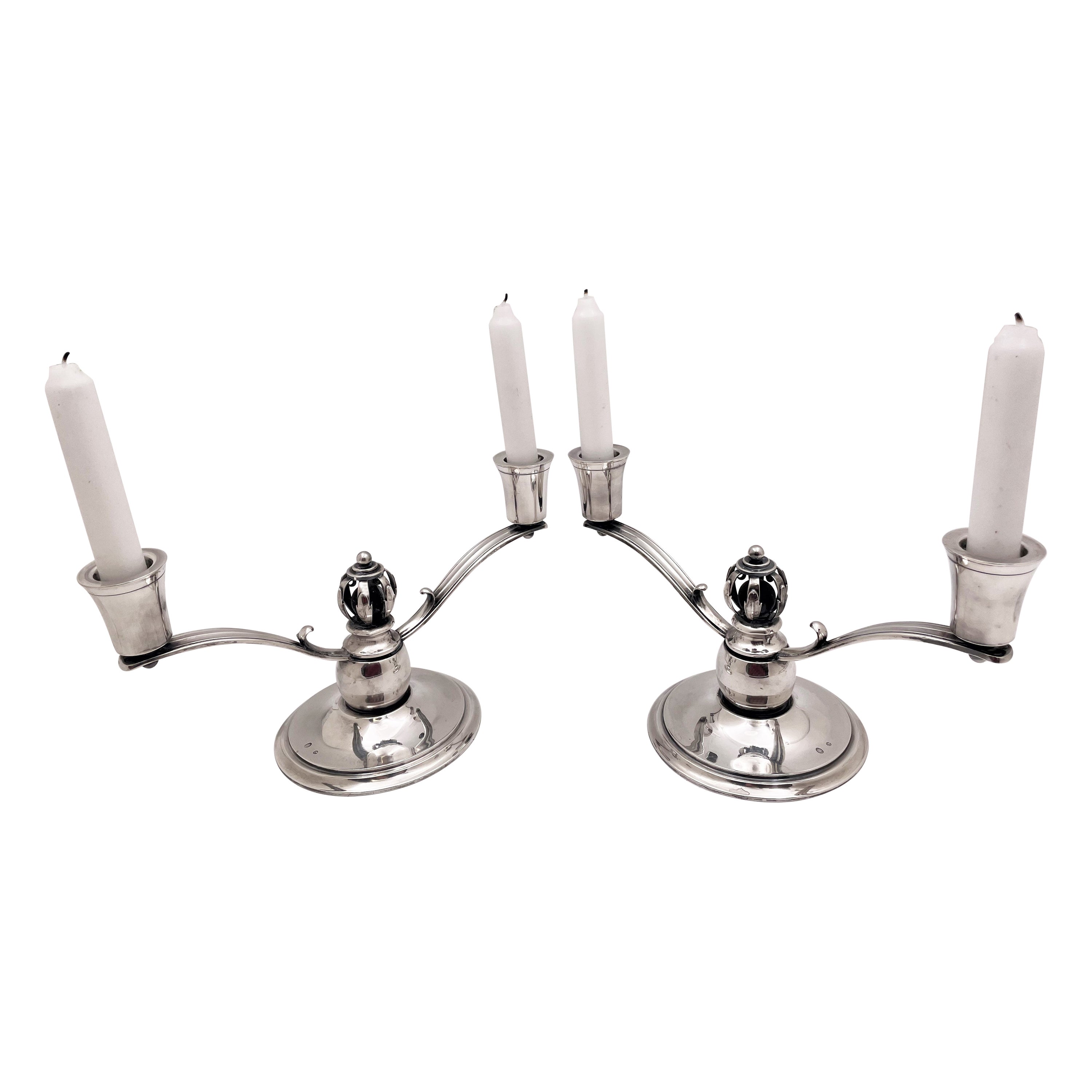 Pair Danish Silver 2-Light Candelabra/ Oil Lamps Jensen Mid-Century Modern Style