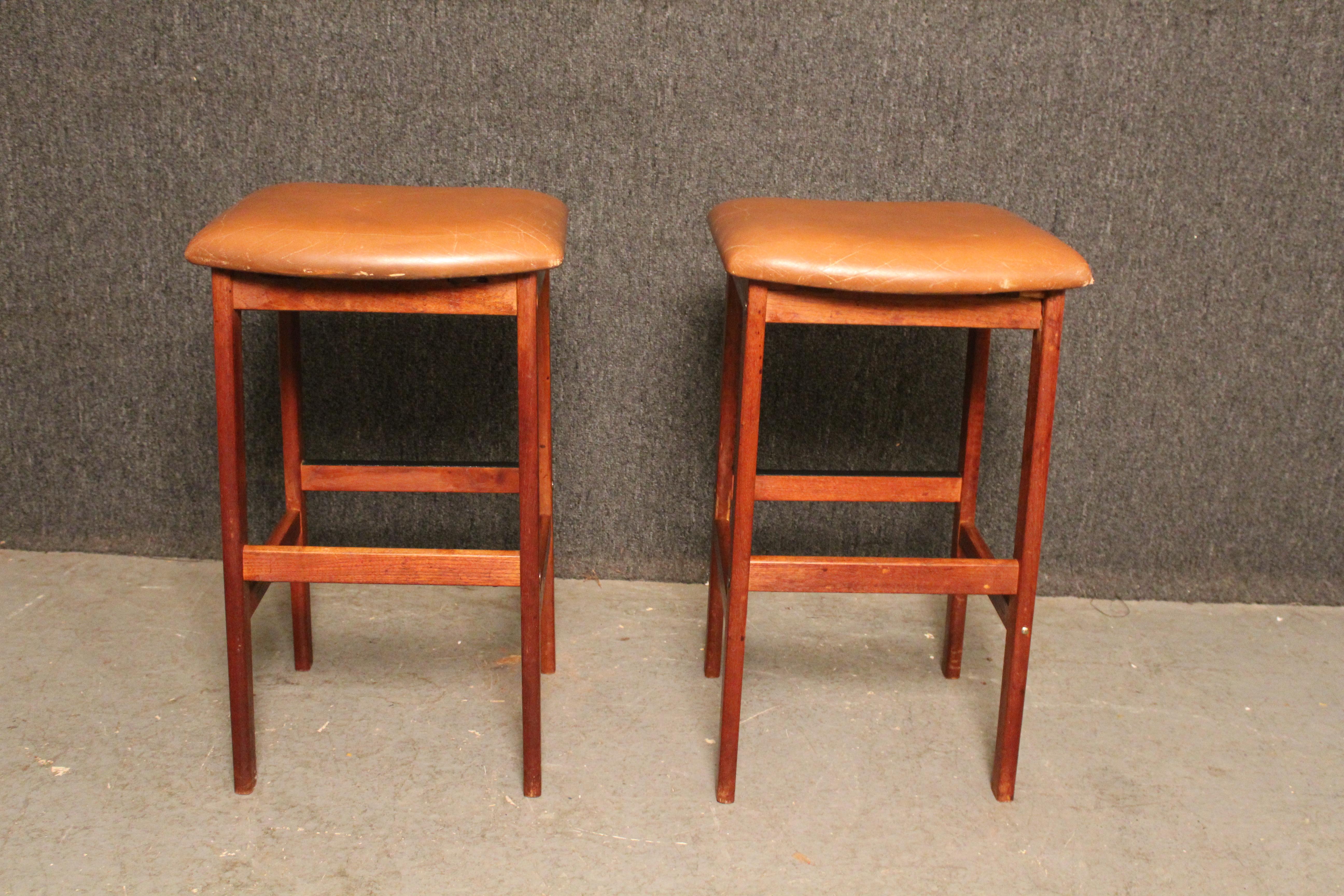 Pair Danish Teak Counter Stools by Korup Stolefabrik In Fair Condition For Sale In Brooklyn, NY
