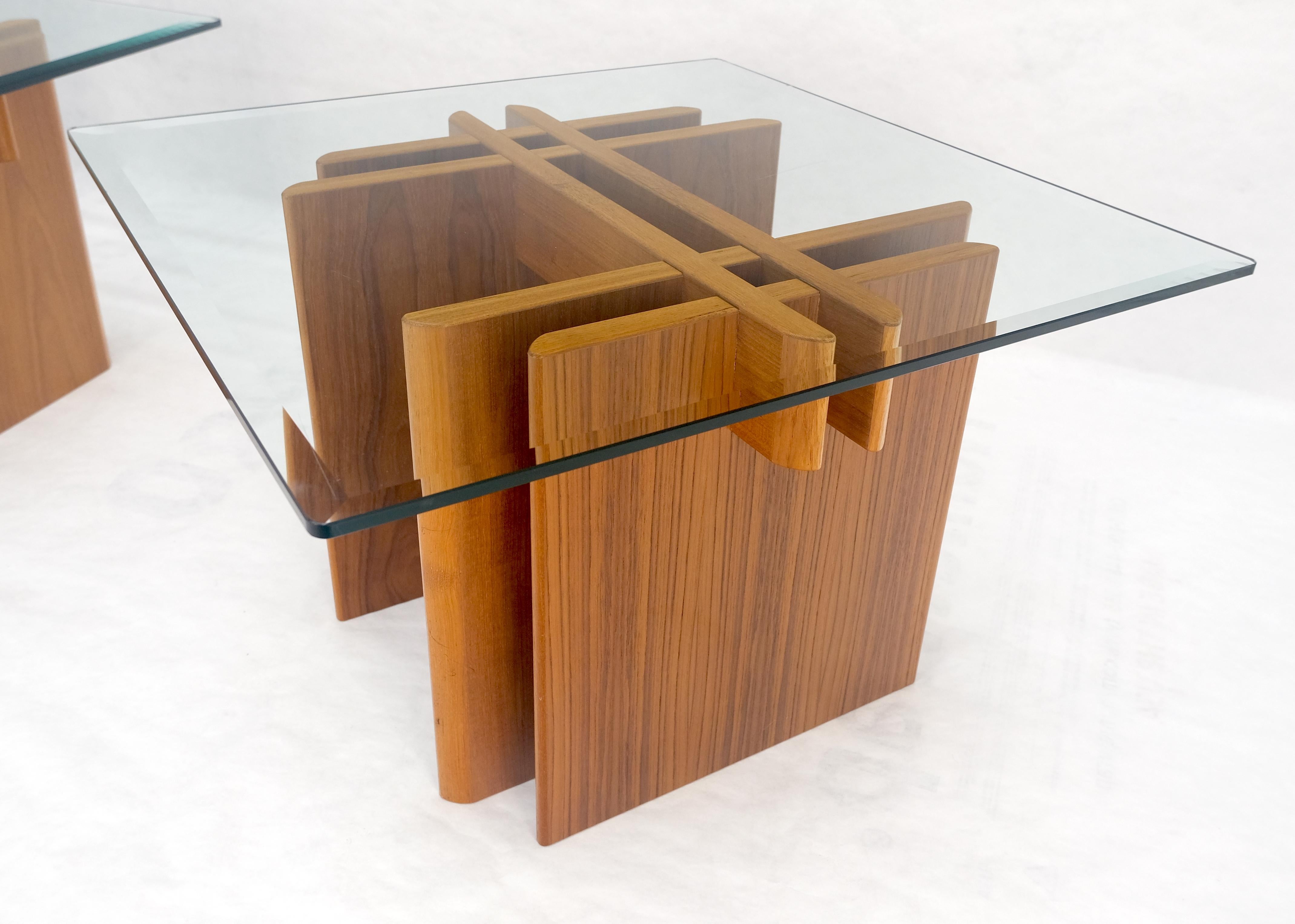 Lacquered Pair Danish Teak Mid Century Modern Glass Tops End Side Lamp Tables Stands Mint For Sale