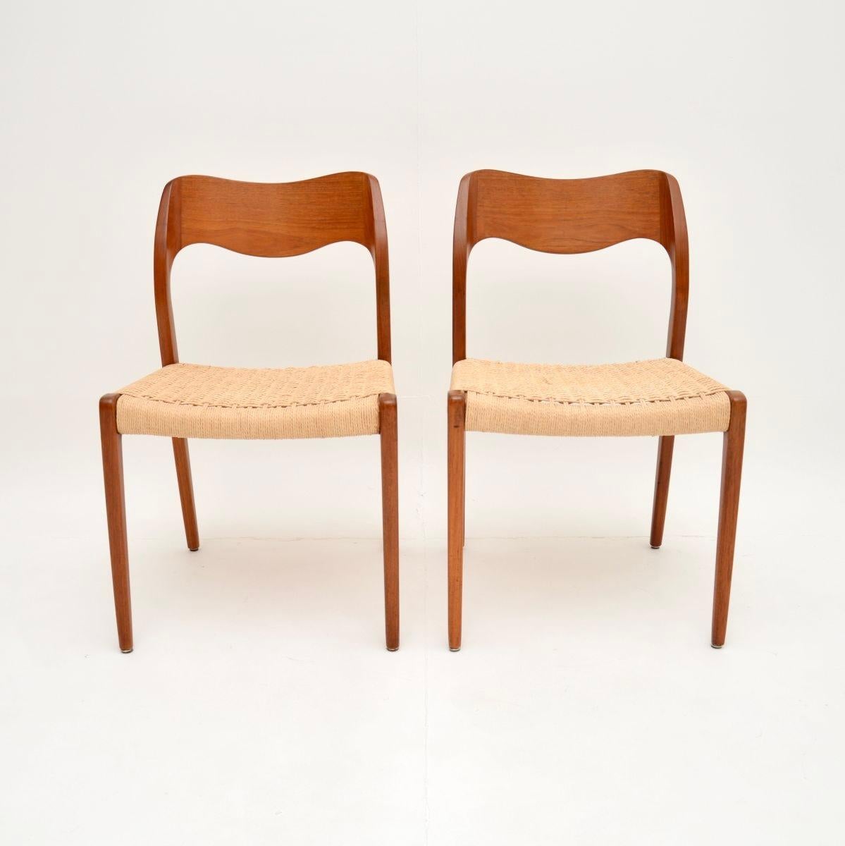 A stylish and iconic pair of Danish vintage teak model 71 chairs by Niels Moller. They were originally designed in 1951, this pair dates from around the 1960’s.

The solid teak frames are beautifully hand crafted, with a sculptural and comfortable