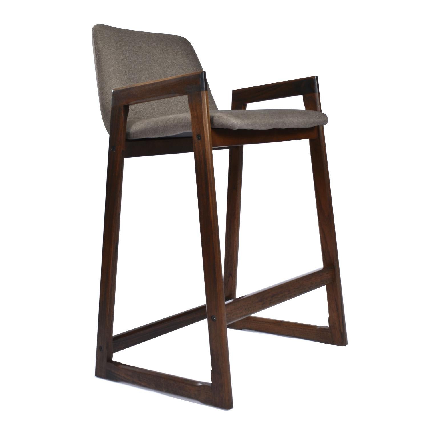 Pair Danish Walnut Colored Teak Upholstered Counter Height Barstools with Backs For Sale 4