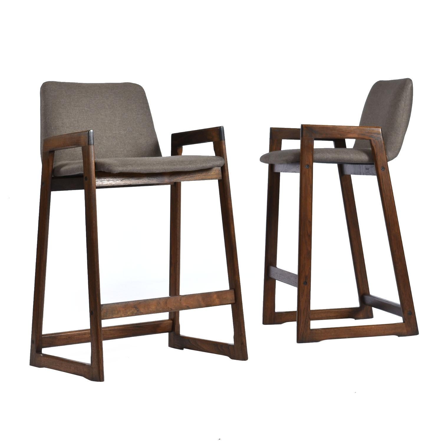 Scandinavian Modern Pair Danish Walnut Colored Teak Upholstered Counter Height Barstools with Backs For Sale