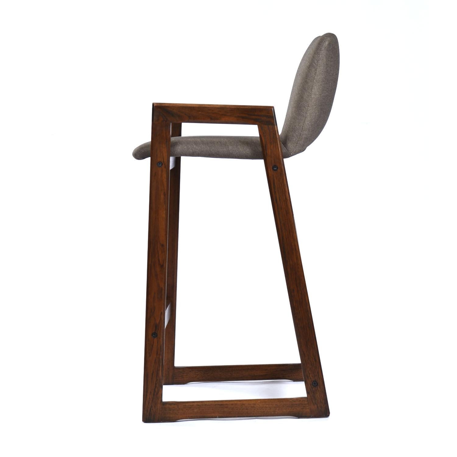 Fabric Pair Danish Walnut Colored Teak Upholstered Counter Height Barstools with Backs For Sale