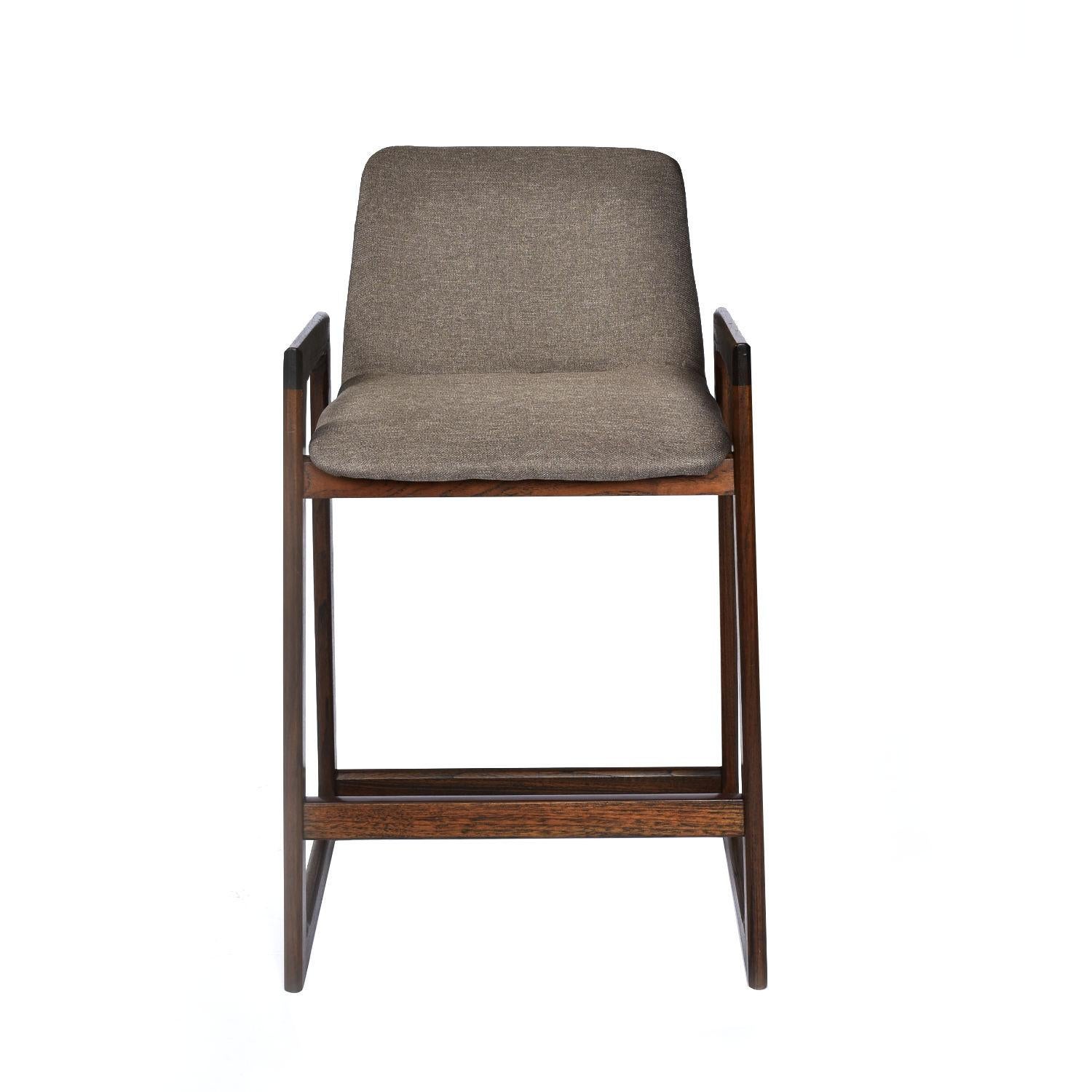 Pair Danish Walnut Colored Teak Upholstered Counter Height Barstools with Backs For Sale 2